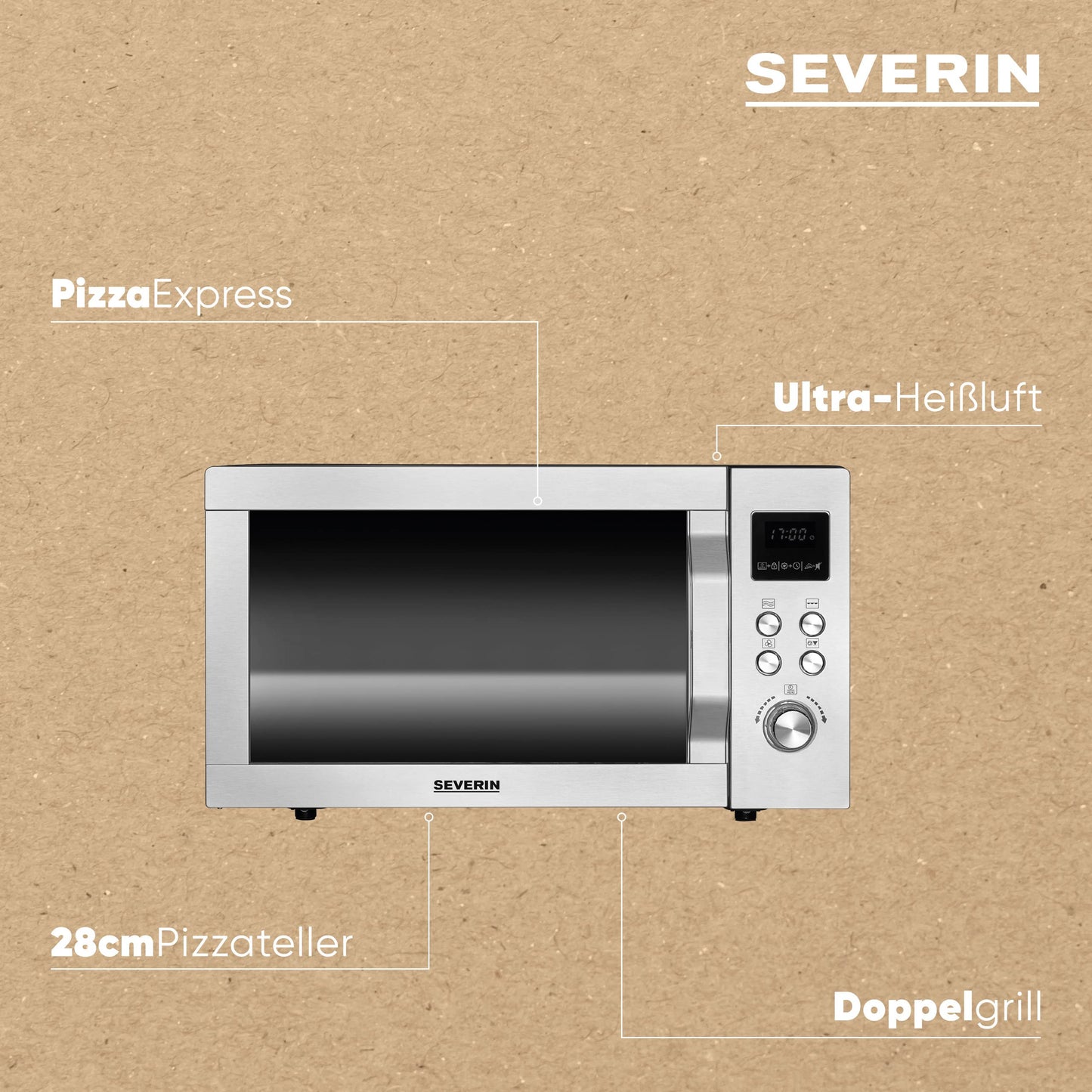 SEVERIN MW 7774 Microwave with Grill and Hot Air Function 3-in-1 for Defrosting, Cooking and Heating, Microwave with Turntable, Brushed Stainless Steel/Silver