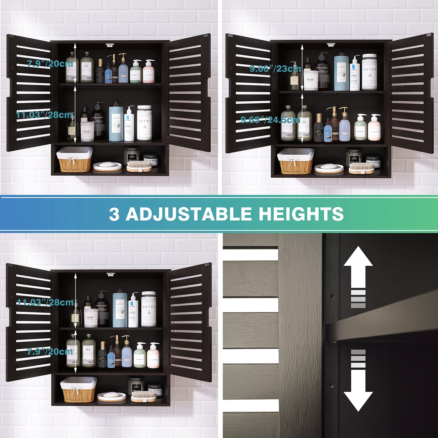 SMIBUY Bathroom Cabinet, Wall Mounted, Bamboo Over the Toilet Storage Organiser, Space Saving Medicine Cabinet with 2 Doors and Adjustable Shelves (Black)