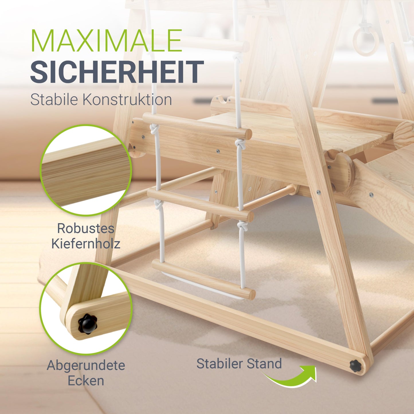 Juskys Mini Climbing Frame for Children - Indoor Playground with Slide, Climbing Wall, Climbing Net & Gymnastics Rings - Wooden Climbing Tower Foldable - Natural