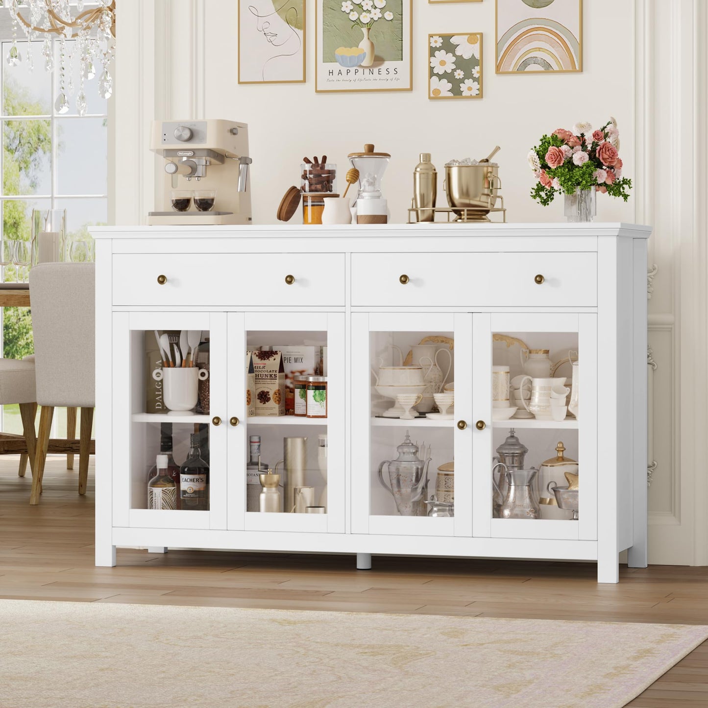 FirFurd Sideboard 140 cm Wide Kitchen Cabinet with Worktop Sideboard for Kitchen Living Room Buffet Cabinet with 2 Drawers and 4 Glass Doors Kitchen Buffet with Adjustable Shelf 140 x 90.7 x 40 cm