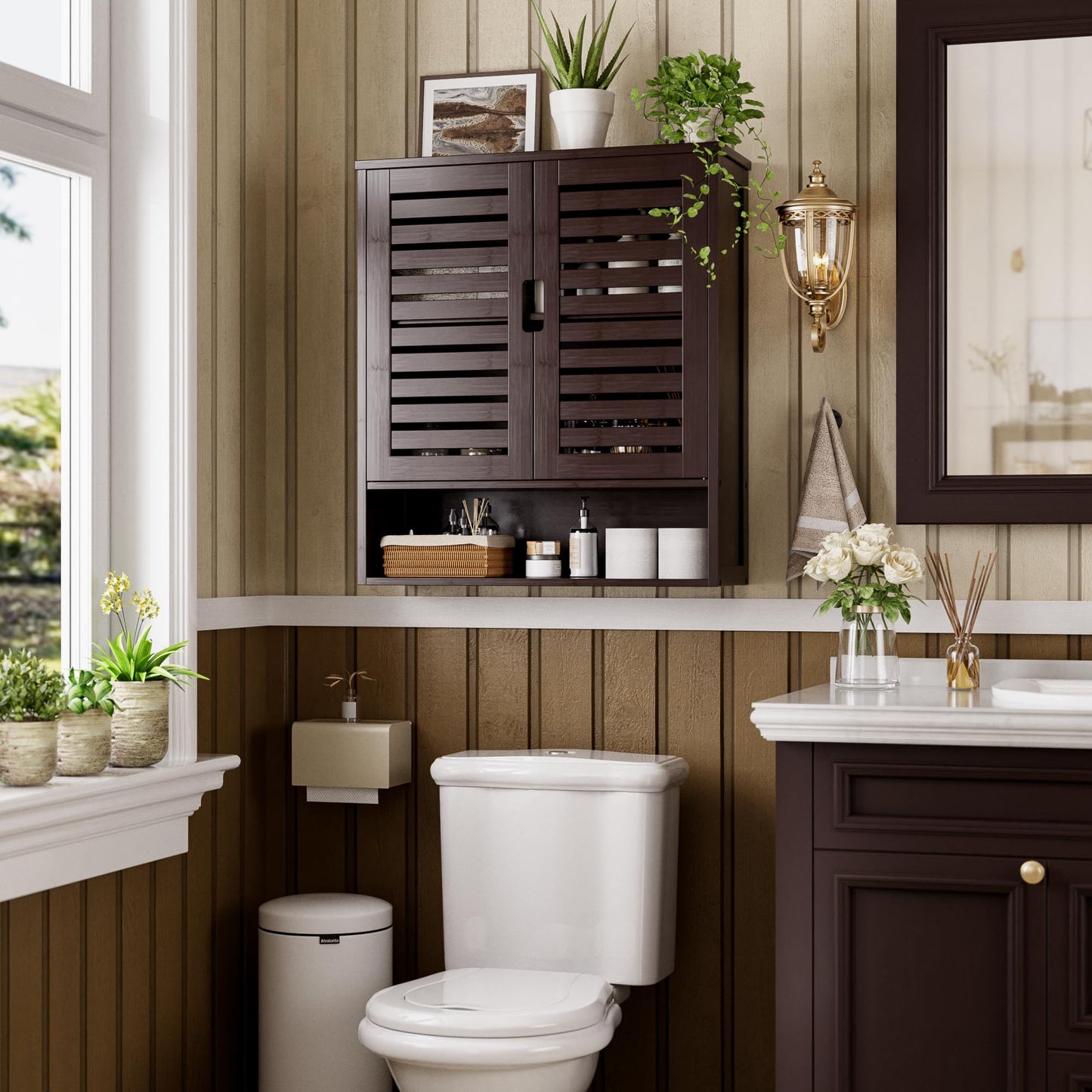 SMIBUY Bathroom Cabinet, Wall Mounted, Bamboo Over the Toilet Storage Organiser, Space Saving Medicine Cabinet with 2 Doors and Adjustable Shelves (Black)