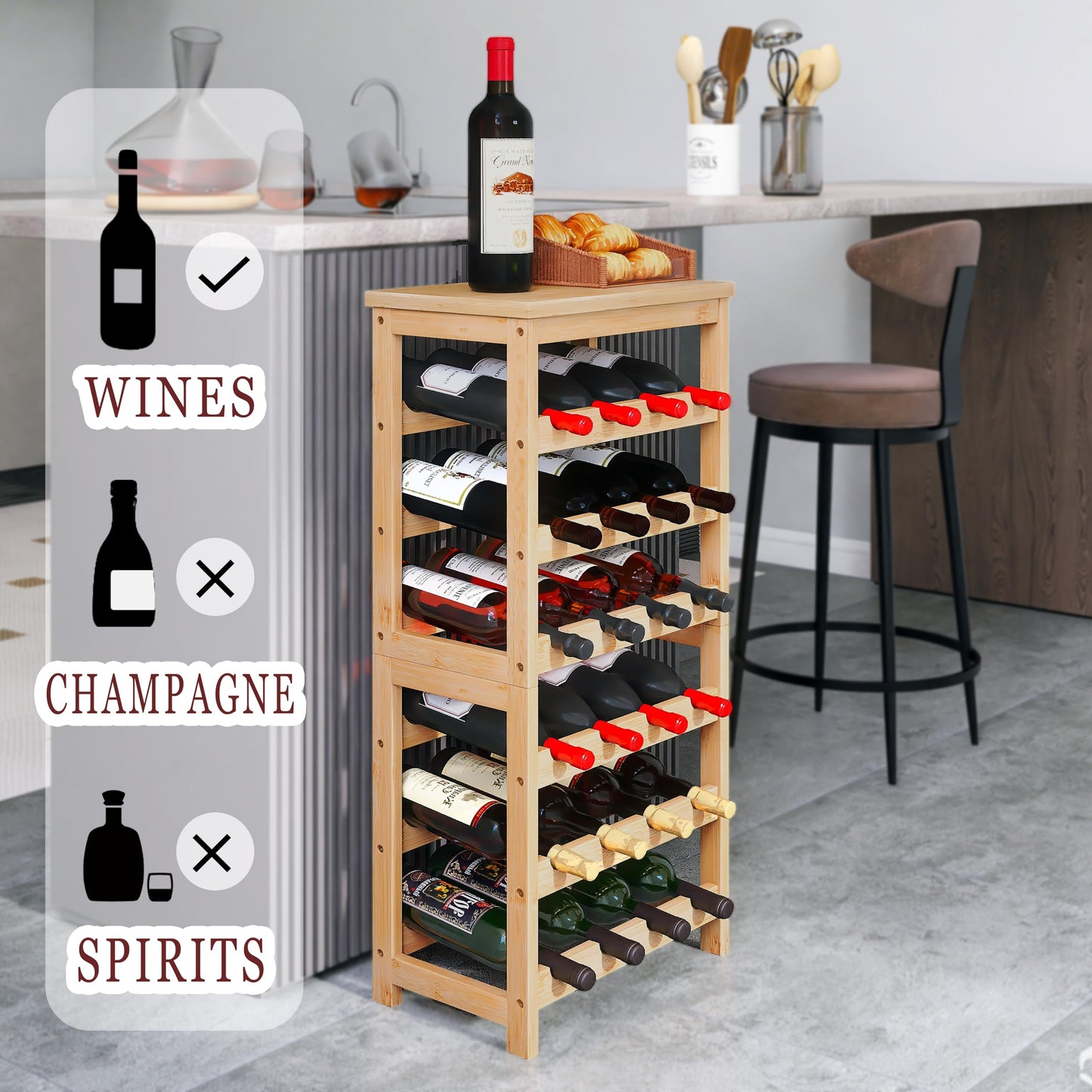 24 Bottle Wine Rack Freestanding Base, 6 Tier Wine Display Storage Shelves with Table Top, Bamboo Wine Bottle Holder Stand with Wave Bars for Kitchen, Dining Room, Pantry, Black
