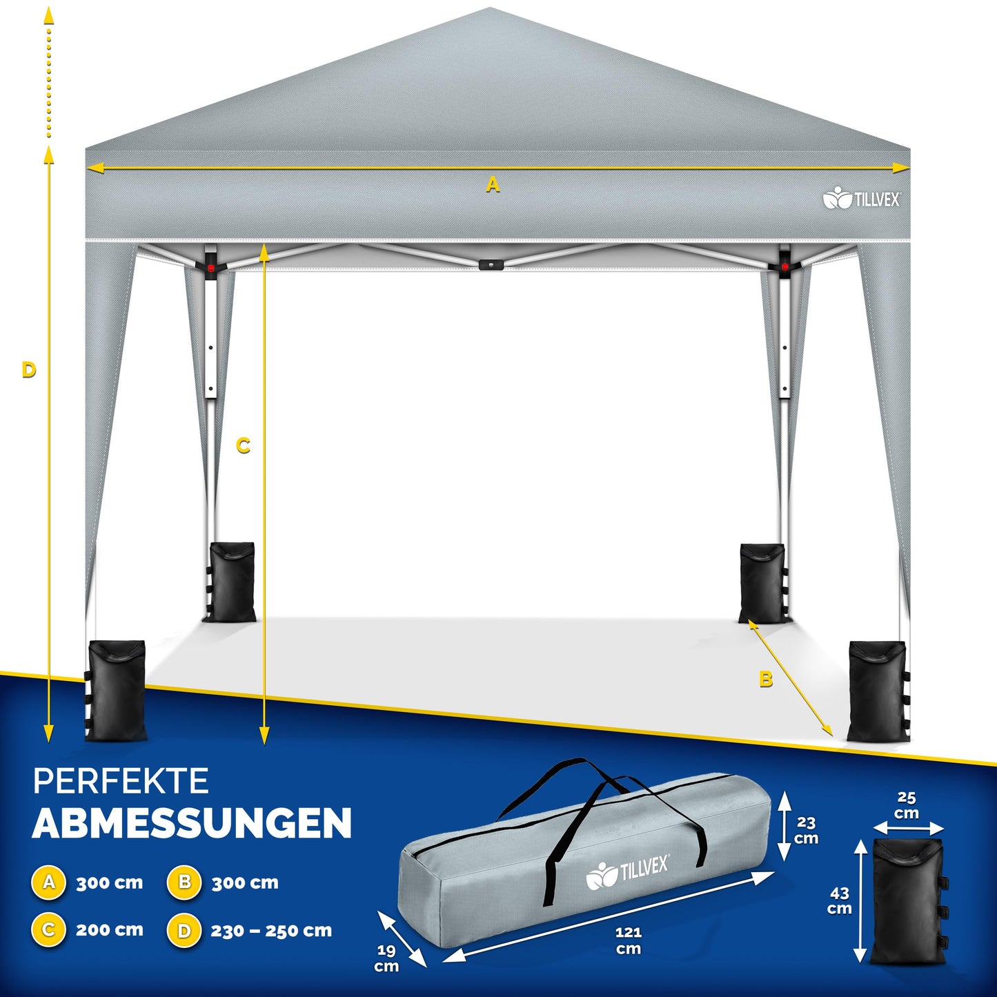 tillvex Gazebo 3 x 3 m Waterproof with 4 Side Panels + Set of 4 Sandbags Pop-Up Folding Gazebo Stable & Height Adjustable Garden Tent UV Protection 50+ Party Tent with Bag for Garden, Grey