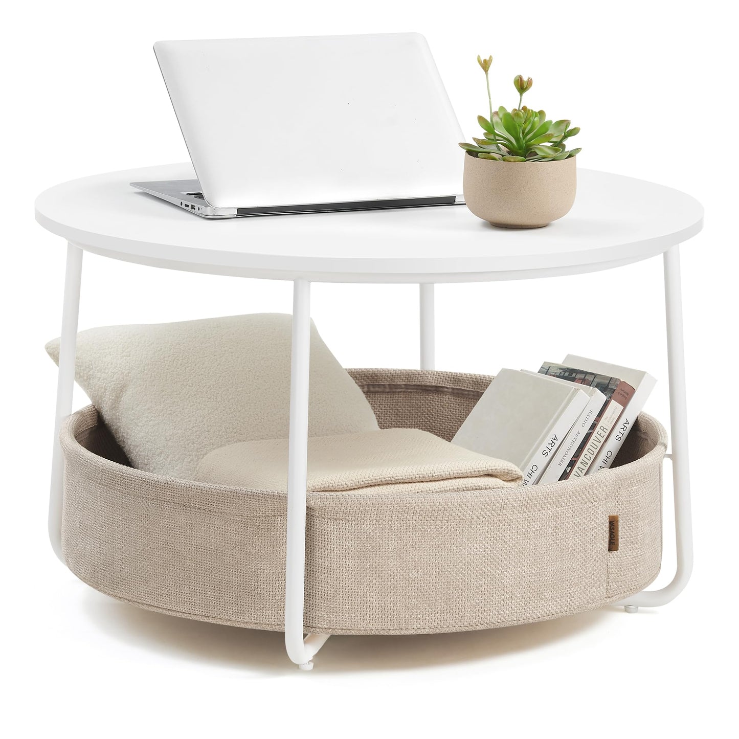 VASAGLE LCT244W10 Round Coffee Table with Storage Space Side Table Living Room Table with Fabric Basket Modern Metal Frame Matt White Camel Brown