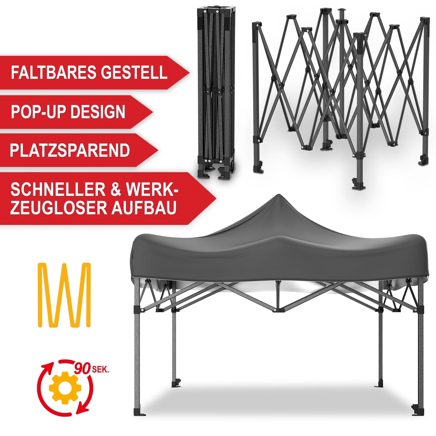 Gazebo - 3 x 3 m - Large Entrance - Waterproof - Pop Up Frame - Side Walls with 3 x 3 Windows - Additional with Bag - Foldable Outdoor Gazebo Folding Gazebo (Grey)