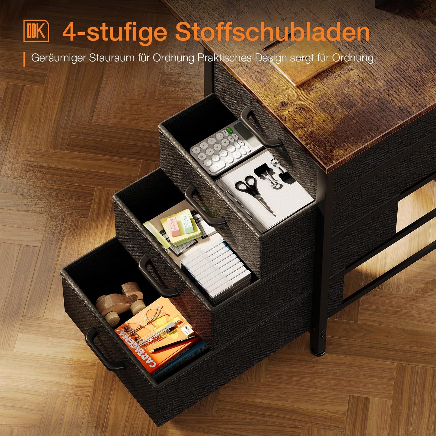 ODK Desk with 4 Drawers, 120 x 48 x 75.7 cm, Computer Desk with Headphone Holder, PC Table, Reversible Office Table, Wood for Home Office, White