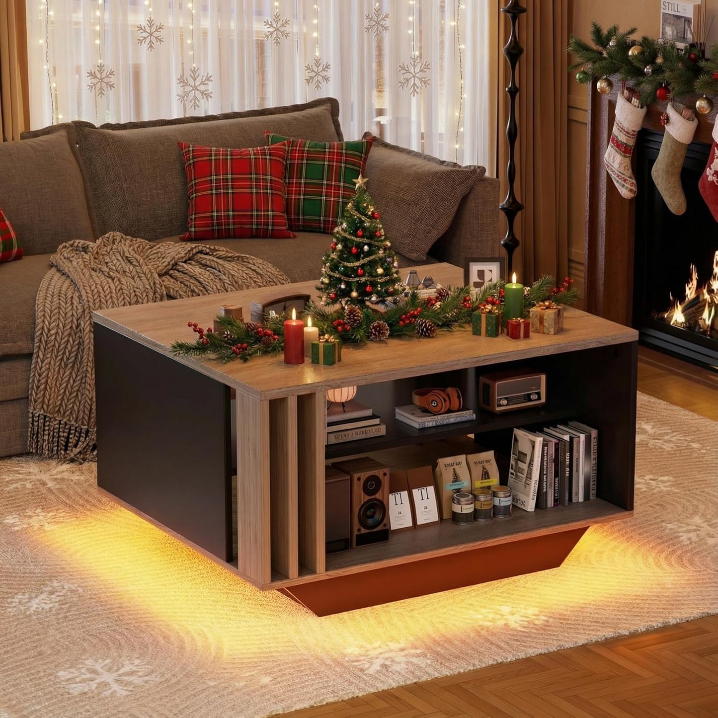 MSFE LED Coffee Table, Modern Living Room Table with Storage Space, Modern Table Living Room with Slats, 80 x 60 x 45 cm, Sofa Table, Living Room Table for Living Room/Dining Room, Living Room