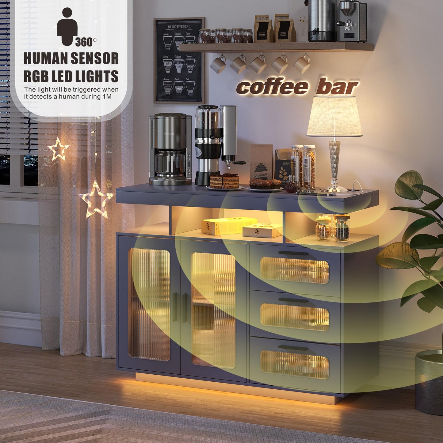 FREDEES RGB Kitchen Cabinet with Charging Station & LED Lighting, Sideboard Buffet Cabinet with Storage Space for Kitchen and Dining Room, Grey