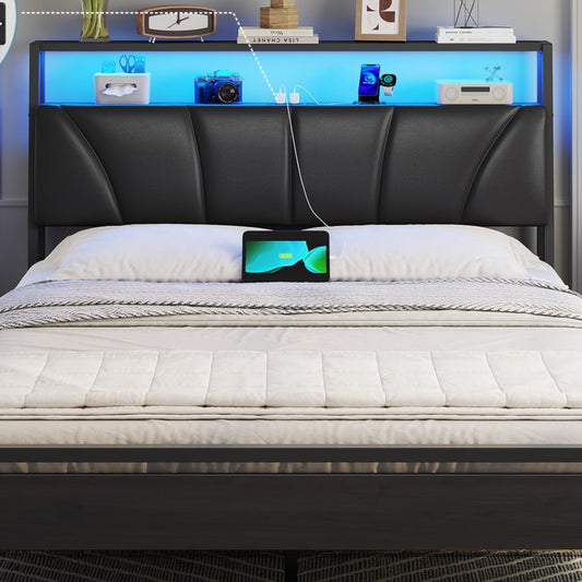 Brinlawb Bed 140 x 200 cm with Metal Slatted Frame, Bed Frame 140 x 200 cm with LED Lighting, Metal Bed 140 x 200 cm with Headboard and Charging Station (2 AC Sockets, 2 USB Ports), Youth Bed, Double