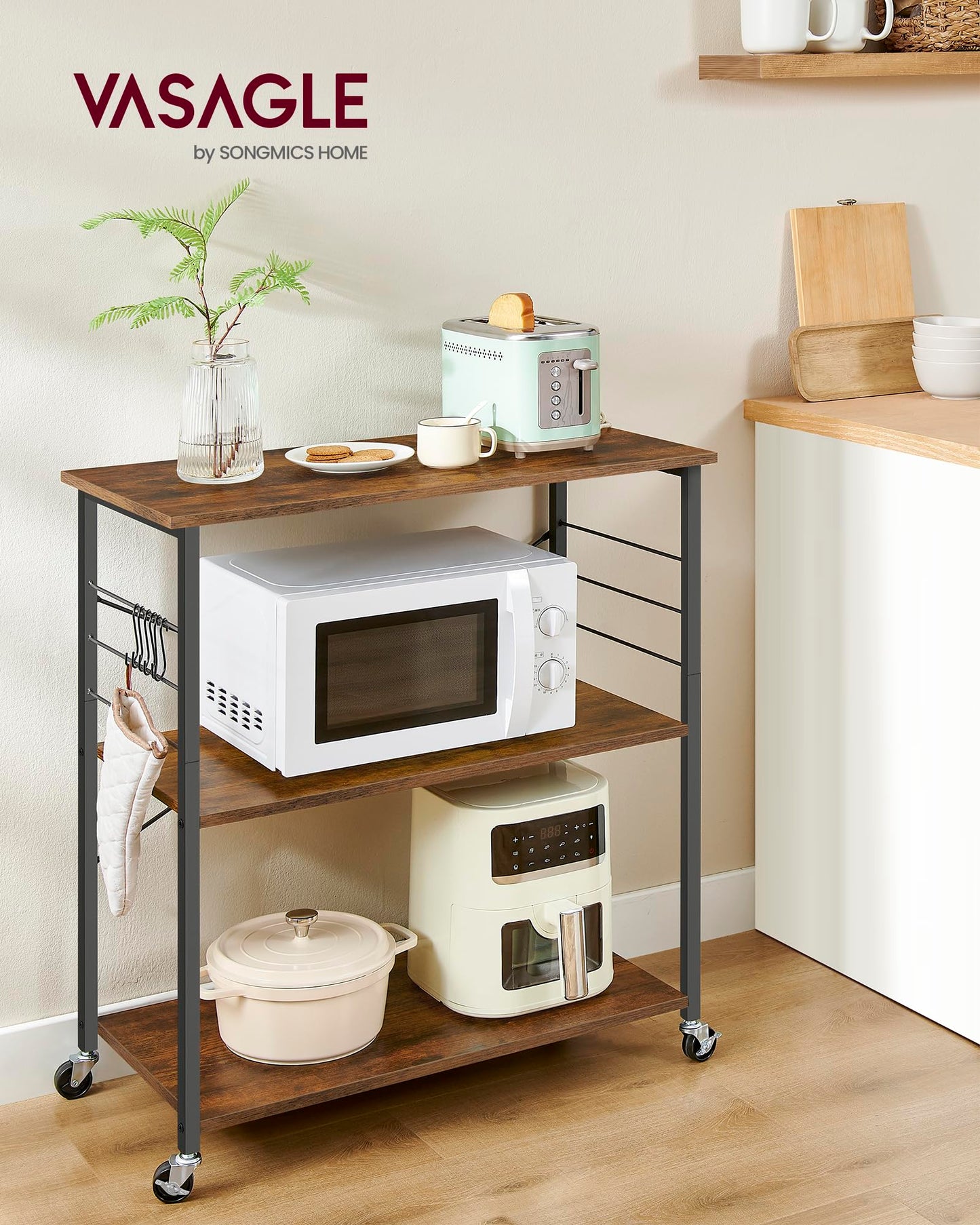VASAGLE KKS60XV1 Kitchen Rack on Wheels Serving Trolley 3 Tier Kitchen Trolley Mini Oven Microwave Metal Frame 6 Hooks 40 x 60 x 89 cm Vintage Brown Ink Black