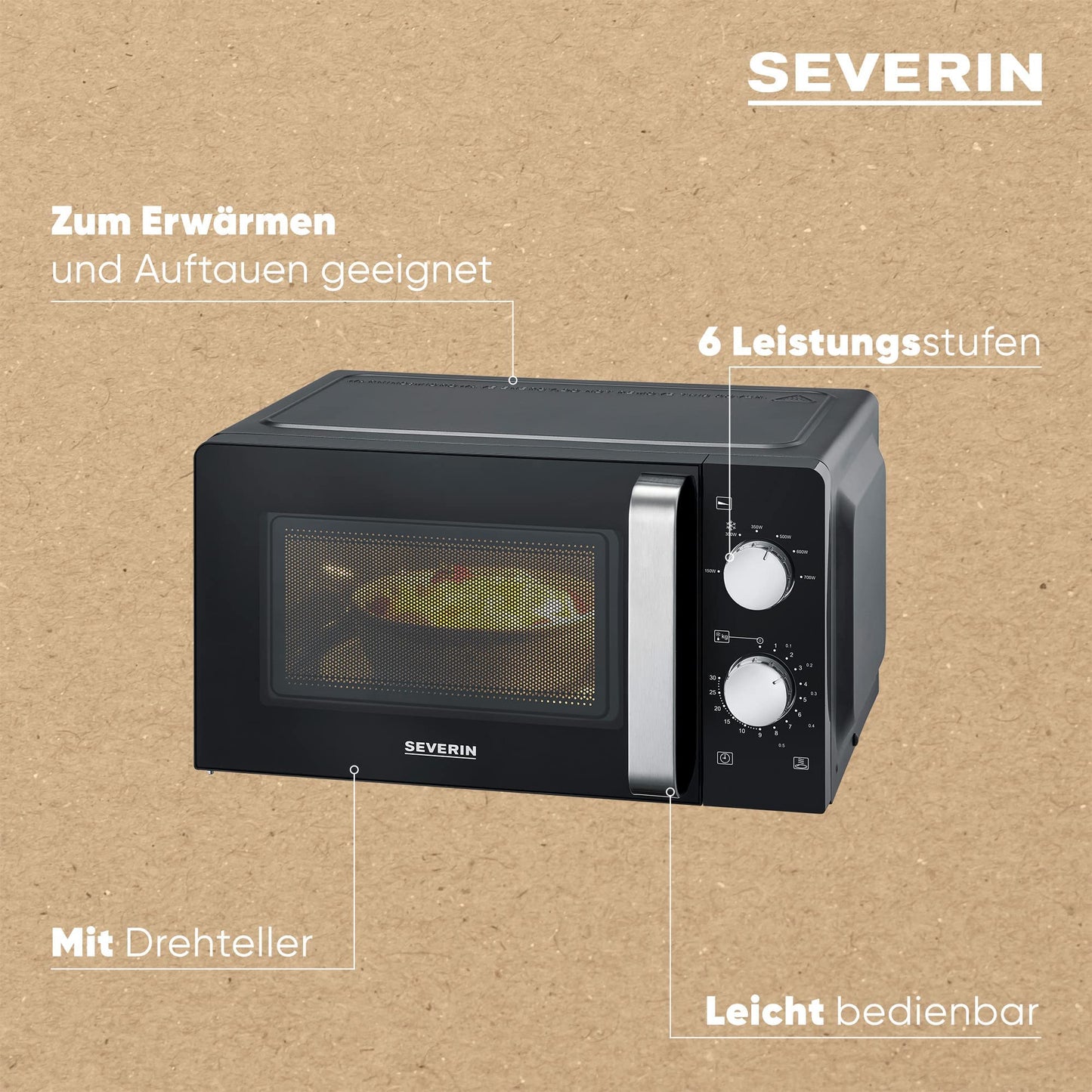 SEVERIN MW 9180 Solo, for Defrosting and Heating, Microwave Device with Turntable and 6 Power Levels, Design - Black Complete, 700 W, 19 L Capacity