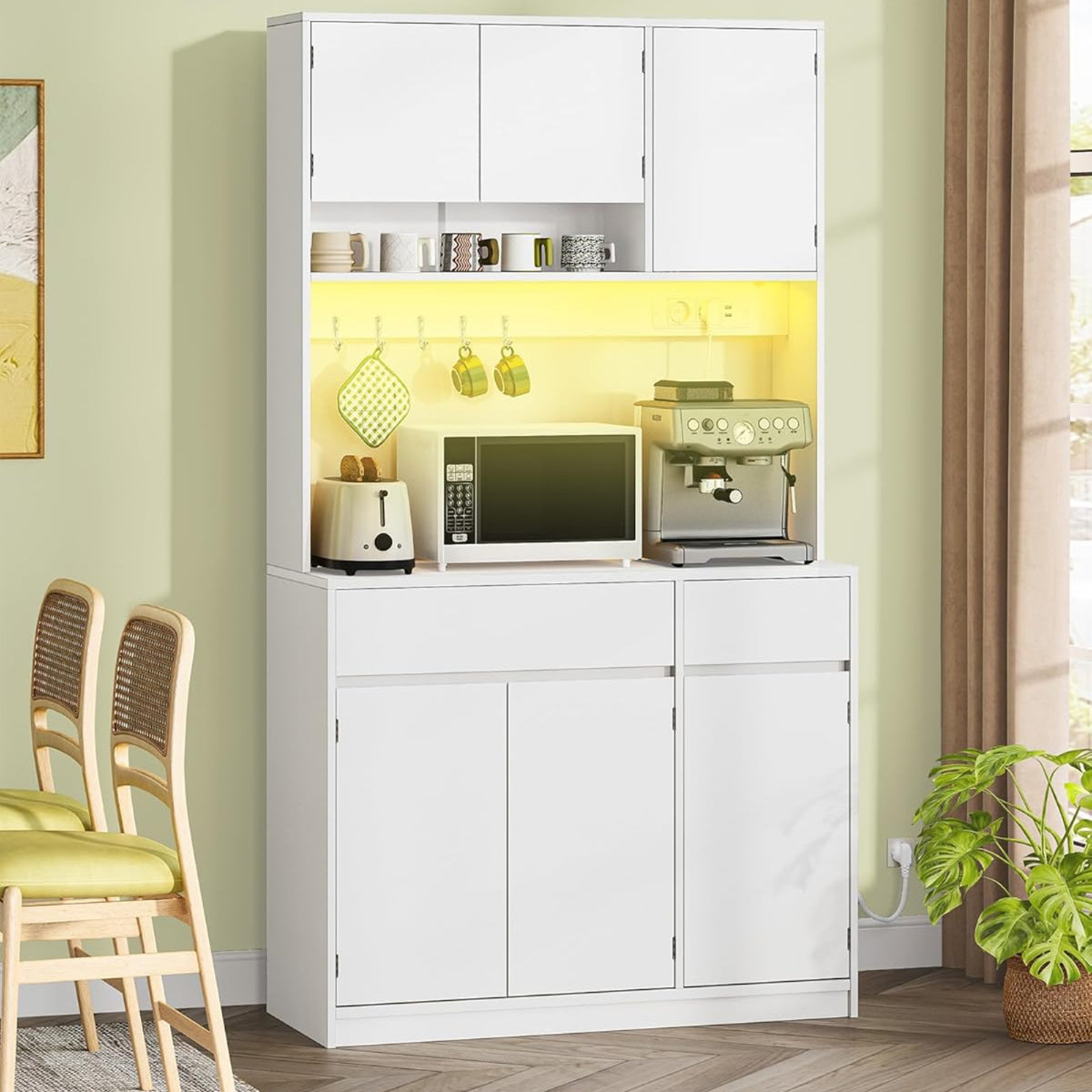 Hzuaneri PT00203XEU Kitchen Cabinet, Buffet Cabinet, Tall Cabinet with Sockets and LED Light Strips, with Worktops and Two Drawers, Adjustable Shelves, Kitchen, 40 x 100 x 180 cm, White