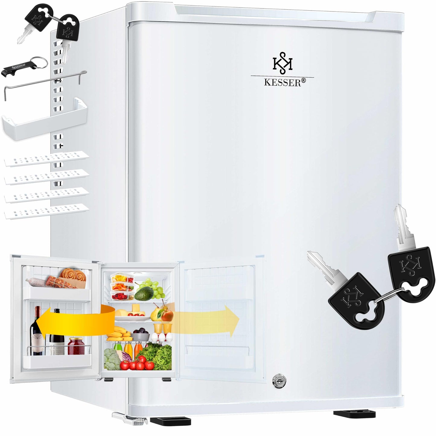 KESSER® Mini Fridge 40 L Lockable Mini Bar Ideal for Camping, Office, Bedroom, Hotel, Kitchen, Small Fridge Completely Silent, Interchangeable Door Hinge, Interior Lighting with Glass Opener