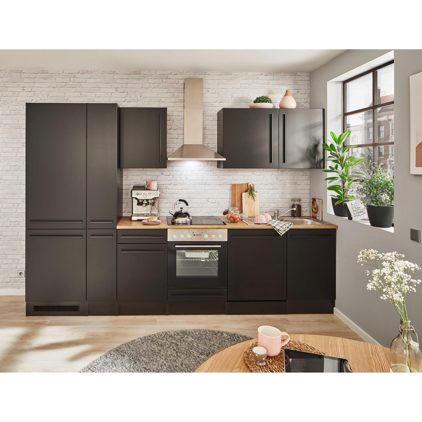 Jazz 8 Modern Kitchen Unit without Electrical Appliances in Anthracite, Artisan Oak Look, Spacious Fitted Kitchen with Lots of Storage Space, 220 x 211 x 60 cm (W x H x D)