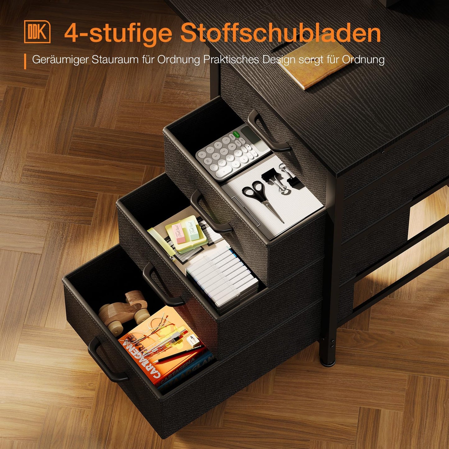 ODK Desk with 4 Drawers, 120 x 48 x 75.7 cm, Computer Desk with Headphone Holder, PC Table, Reversible Office Table, Wood for Home Office, White