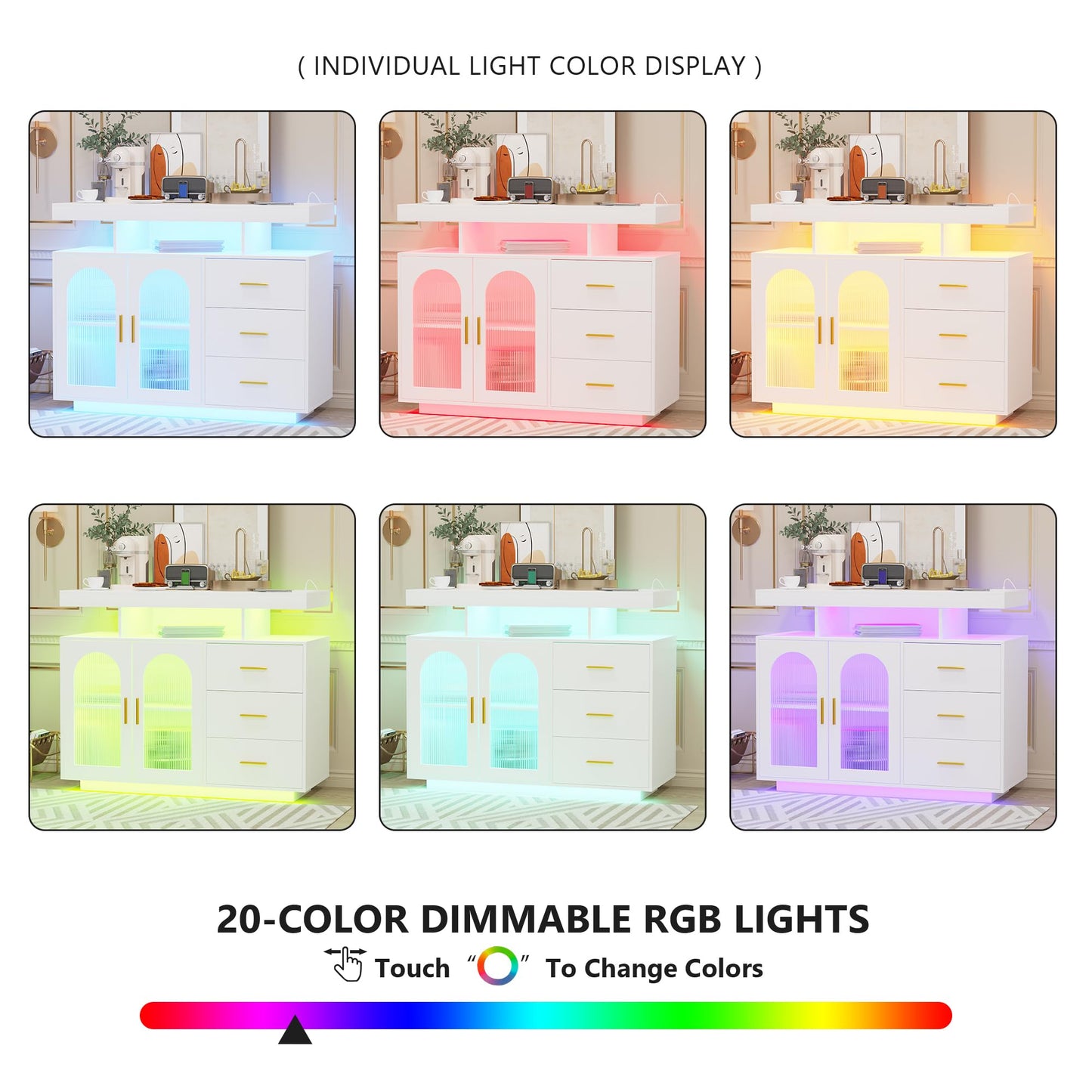 Lvifur Buffet Cabinet, Sideboard, White, Storage Cabinet with Wireless Charging Station, Automatic Sensor, RGB 20 Colours, Dimmable Sideboard, Intelligent Sensors, Chest of Drawers, Living Room, White