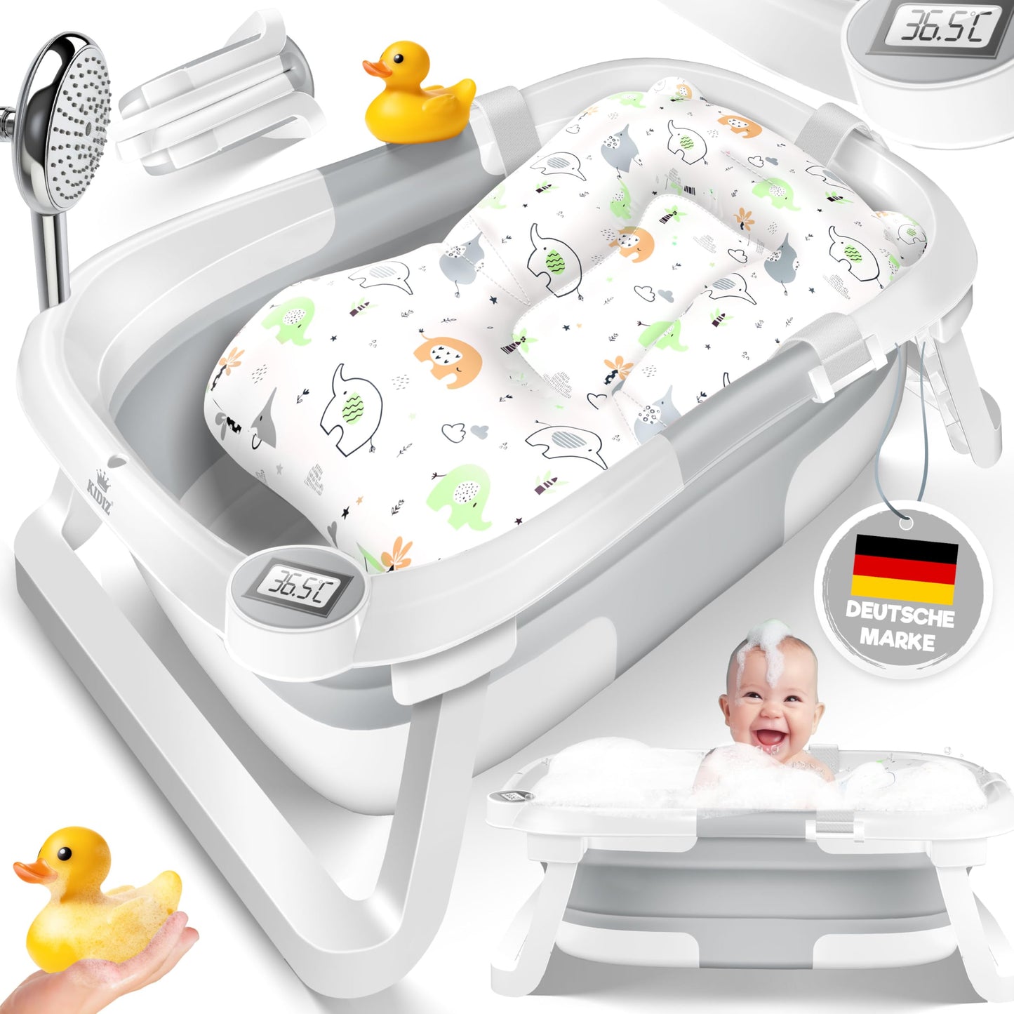KIDIZ® Baby Bathtub, Baby Bathtub, Space-Saving & Foldable, Bath Tub, Shower Tray for Newborns, Toddlers, 0-24 Months, Portable Travel Shower for Babies, Ergonomic Bathtub with Thermostat and