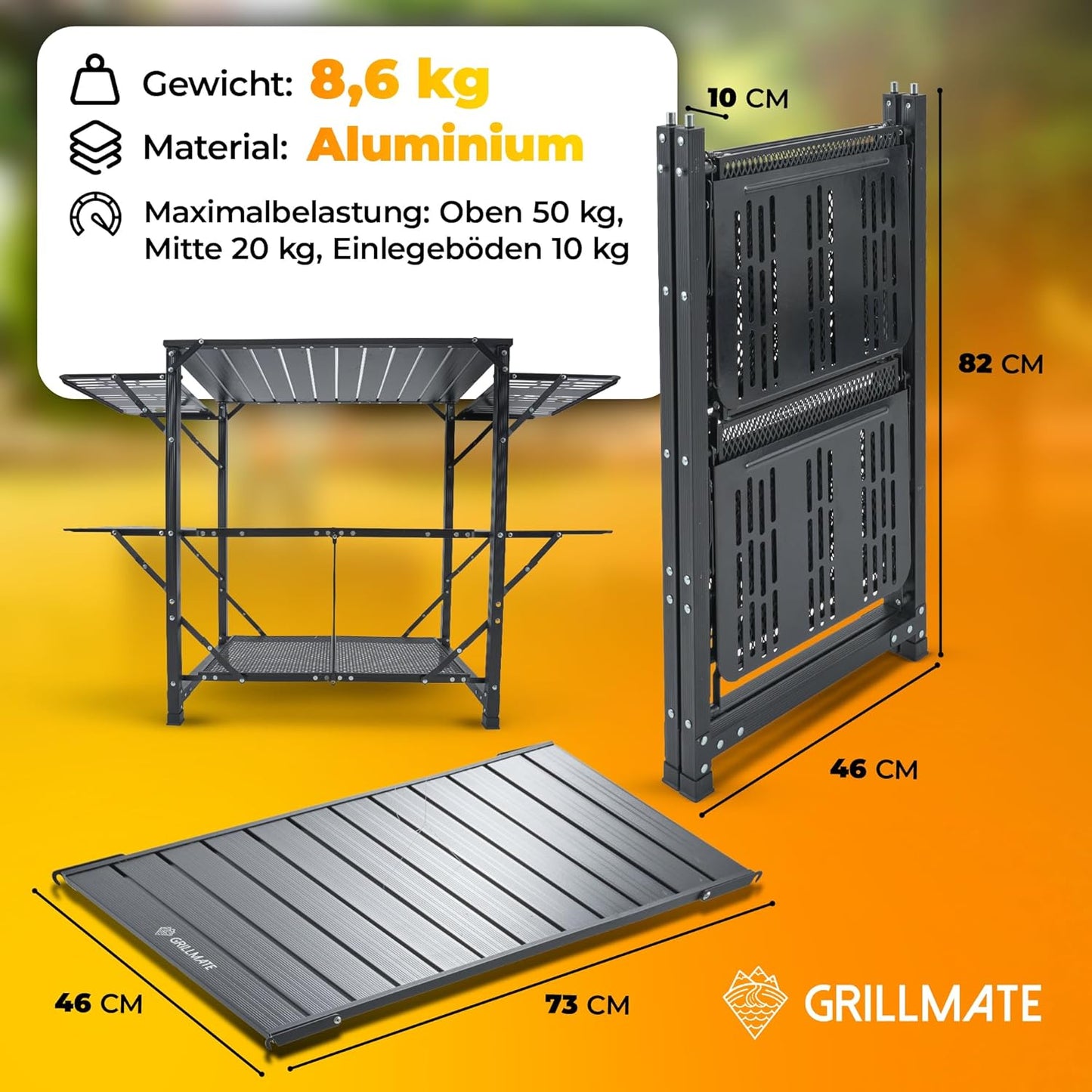 Outdoor Weatherproof Foldable Barbecue Side Table, Table for Barbecue, Balcony, Camping, Garden, Camping Kitchen Foldable Made of Aluminium, Rust-Resistant [50 kg Load Capacity] Includes