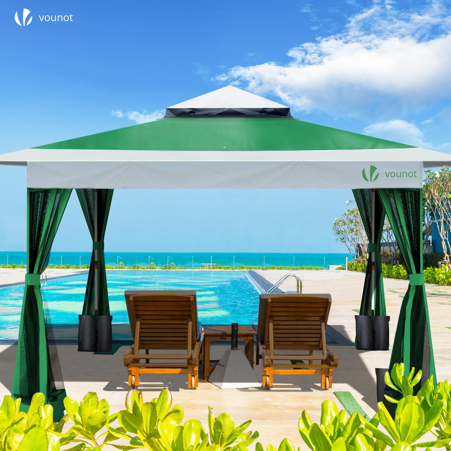 VOUNOT Pavillon Faltbar 3,6x3,6m, Pop Up Partyzelt mit Mesh Sides & Doppeldach, Faltpavillon Stabil mit Bein Gewichte & Roller Bag, Gartenpavillon Gartenzelt Grau