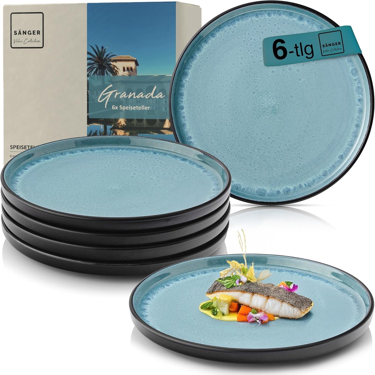 SÄNGER Manila Dinner Service for 6 People, Plate Set, Coffee Mug, Pasta Bowl, 30 Pieces, Stoneware Crockery Set, Dishwasher, Microwave, Scratch-Resistant, Blue with Black Rim, Value Collection