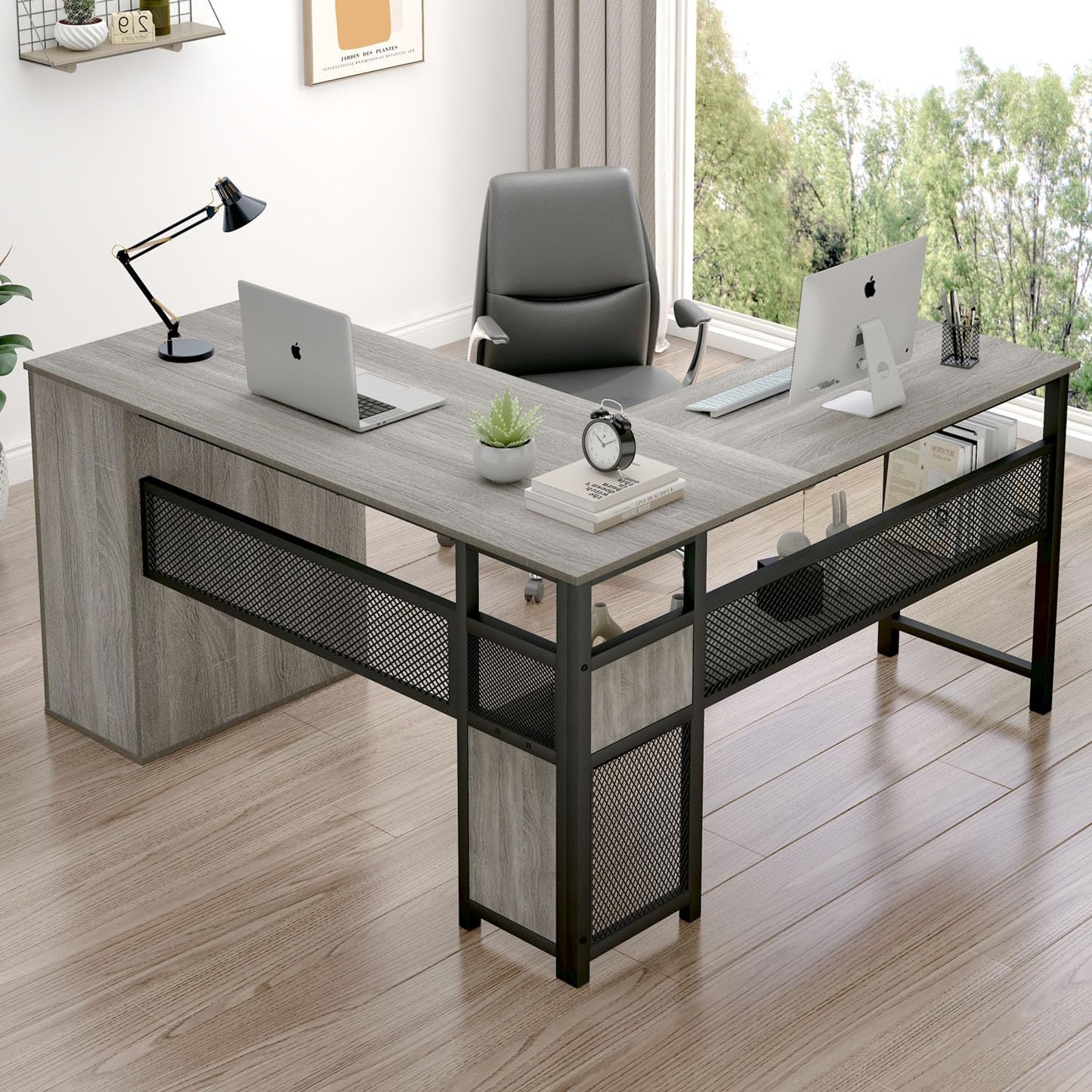 LVB White L Shaped Corner Desk with Drawers, Reversible Modern L Shaped Computer Desk with Storage Cabinets, Large L Shaped Wooden L Shaped Desk Metal L Shape