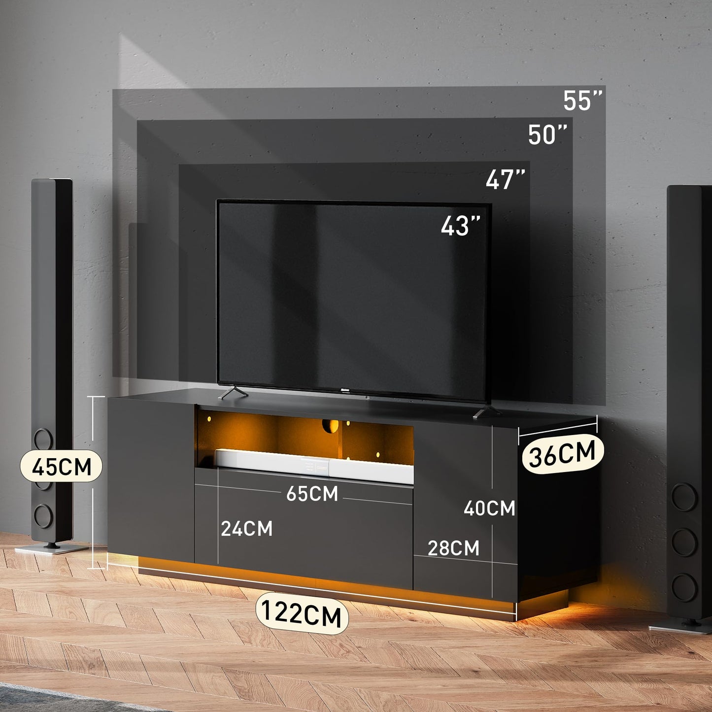 WLIVE TV Cabinet Black Lowboard High Gloss with 20 Colours LED Lighting, TV Board with Cabinets and 2 Open Surfaces, TV Table with Folding Door, 122 x 36 x 45 cm, Black