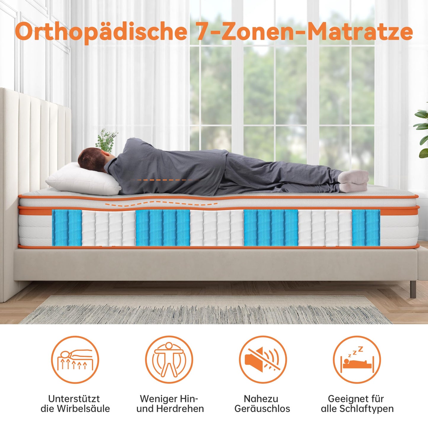 TeQsli Gel Spring Mattress 180 x 200 cm 25 cm Height, Gel Memory Foam & Individual Pocket Springs, Ergonomic 7-Zone Mattress to Relieve Pressure & Back Pain, H3 H4, Oeko-Tex & CertiPUR