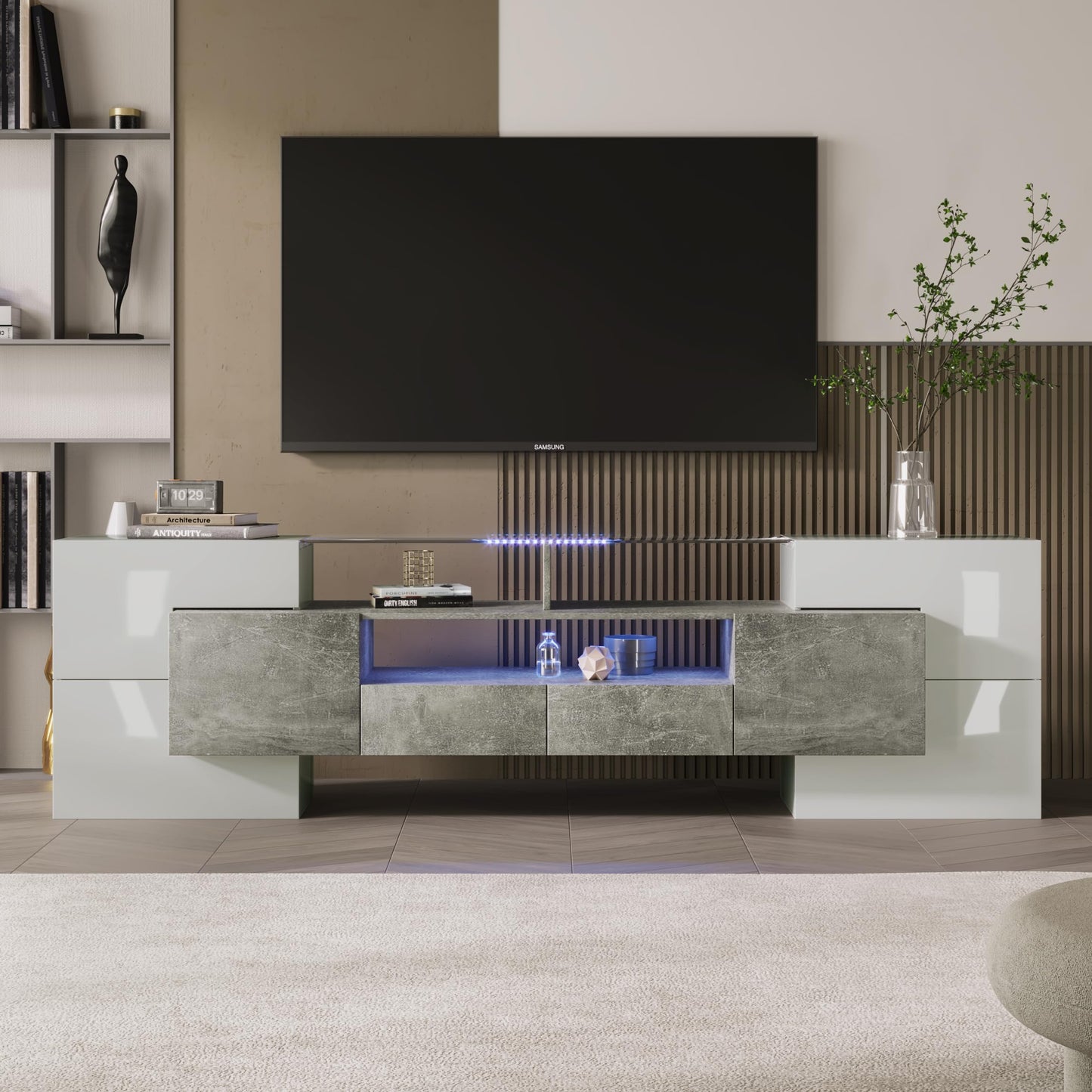LANTRO JS TV Cabinet 200 cm Long with Elegant Glass Surface, TV Lowboard in Marble Look, TV Cabinet with LED Lighting, White and Black
