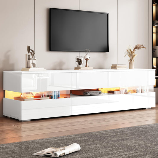 TV Cabinet with LED Strips, TV Stand 160 cm Long for TVs from 55 to 70 Inches, Lowboard TV Board with Storage Space Drawers and Doors, Sideboard for Living Room (White)