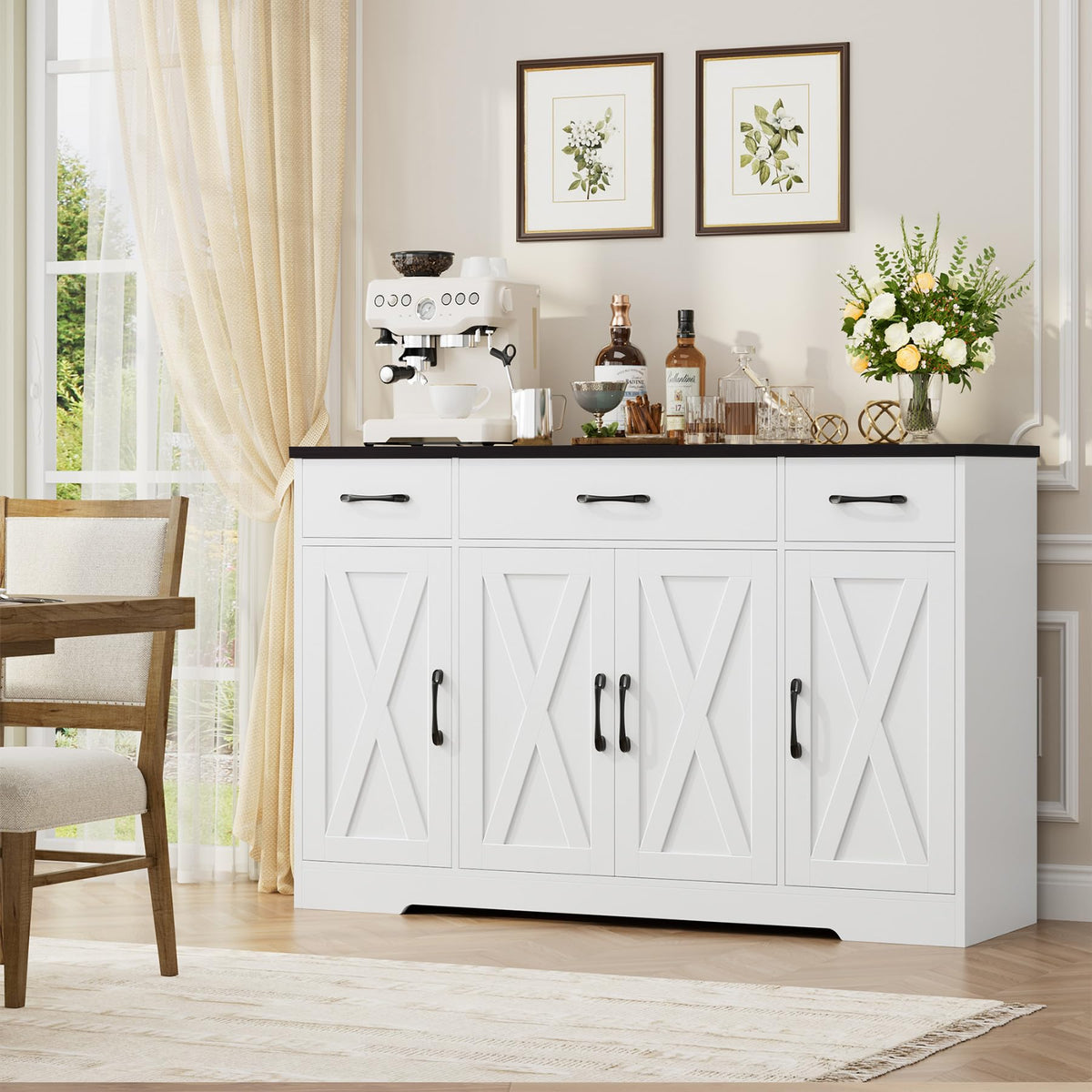 HOCSOK Sideboard, 140 cm Wide Kitchen Cabinet with 2 Adjustable Shelves, Buffet Cabinet with 3 Drawers 4 Doors, Kitchen Buffet for Living Room, Kitchen, Hallway, White & Brown