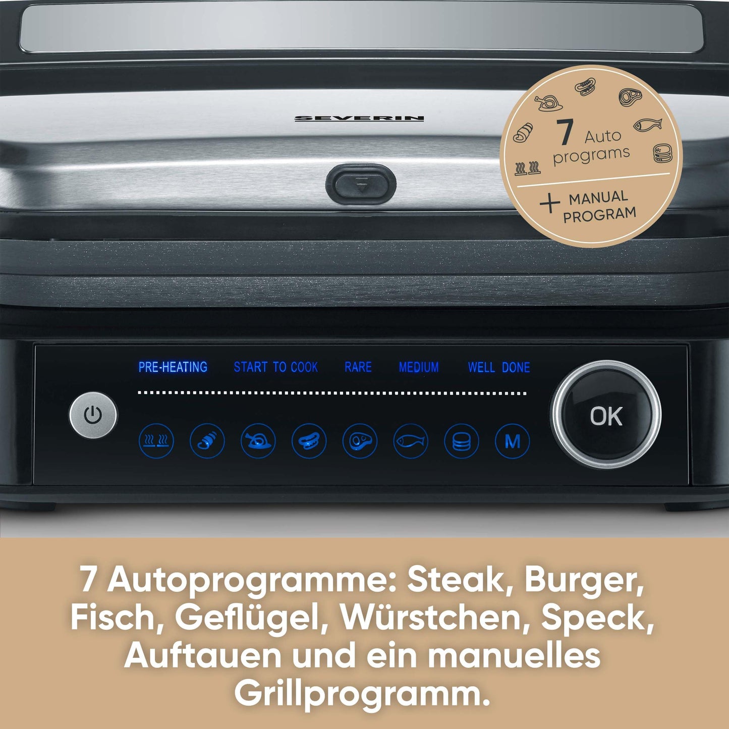 SEVERIN Kontaktgrill für Sandwiches, Steak und als Panini Grill, antihaftbeschichteter Sandwich Maker für fettfreies Grillen, 800 W, metallic grau/schwarz, KG 2394
