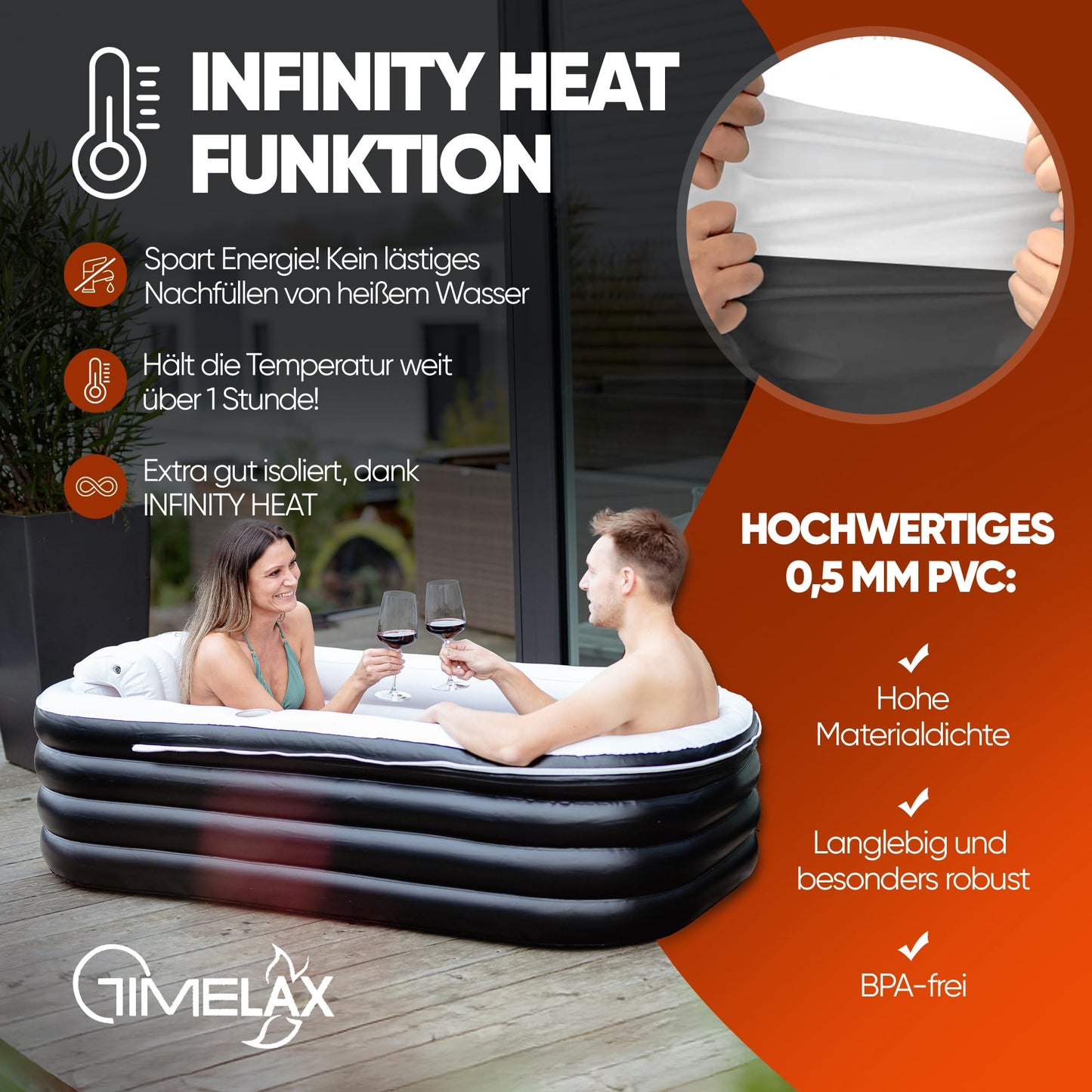 TIMELAX® Inflatable Bathtub XL [Ergonomic Backrest] 0.5 mm Thick PVC | BPA Free Inflatable Foldable Mobile Freestanding Bath for Adults and Shower