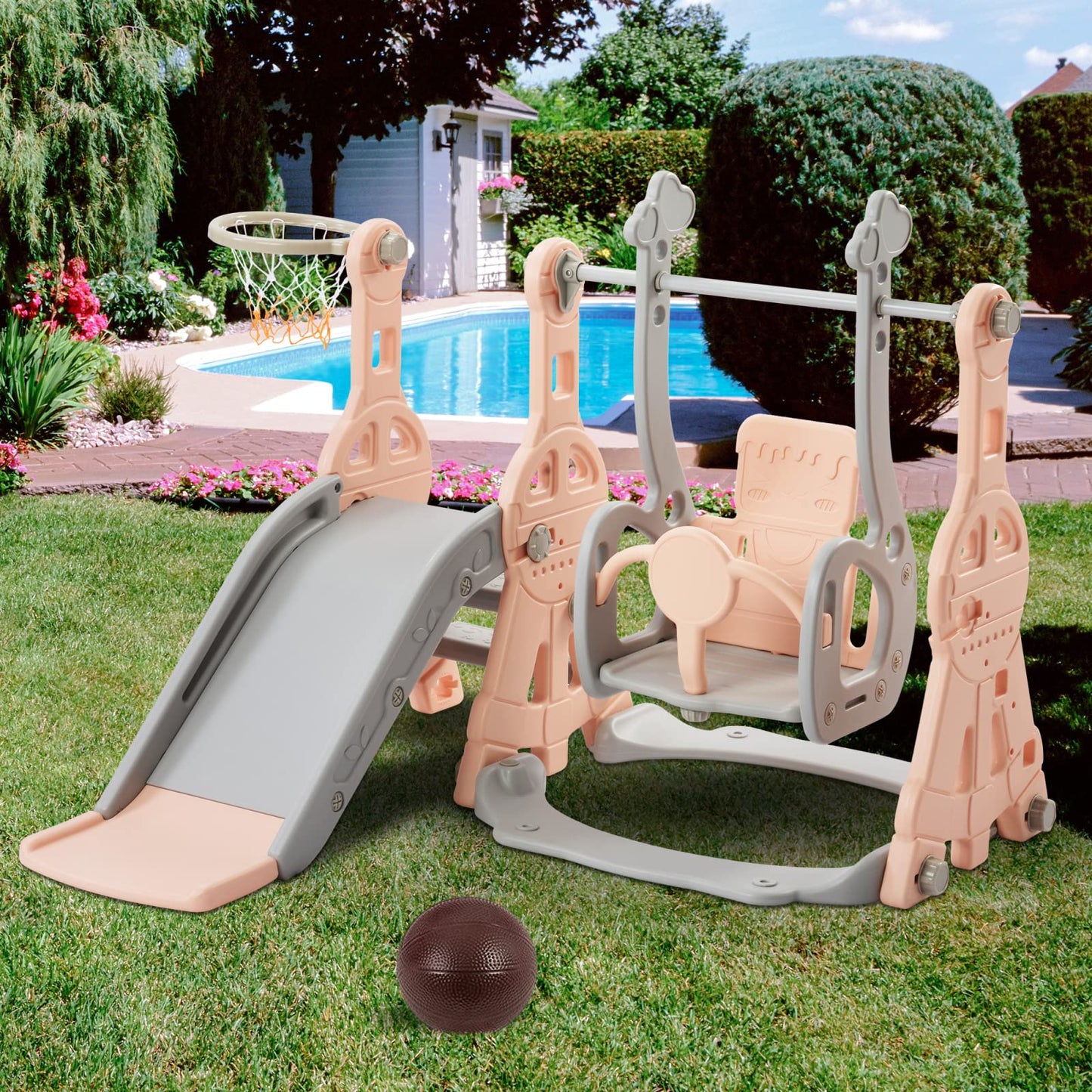 Kinderrutsche, Babyschaukel, 4 in 1, mit Schaukeln, Treppen, Gleiten, Basketballgestellen, Spielplatz für drinnen und draußen, multifunktionale Rutsche (Rosa, Kaninchen)