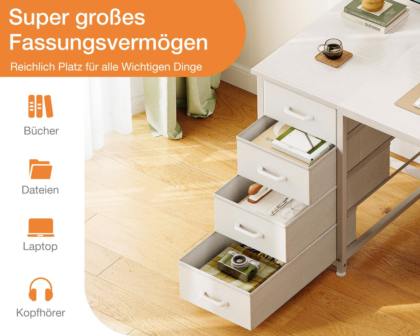 Coleshome Desk with 8 Fabric Drawers, 120 x 48 cm, Desk with Storage Space, Computer Desk with Headphones, Office Table, PC Table, Office Table for Office, Living Room, Home Office, Brown