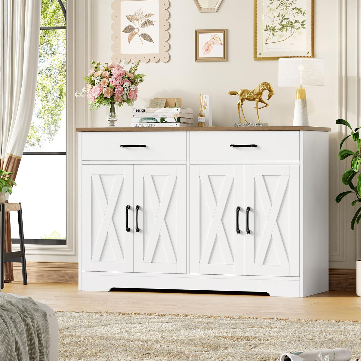HOCSOK Sideboard, 120 cm Wide Kitchen Cabinet with Worktops, Kitchen Buffet Storage Cabinet with 2 Drawers and 4 Doors, Living Room, Kitchen, Hallway, White & Brown