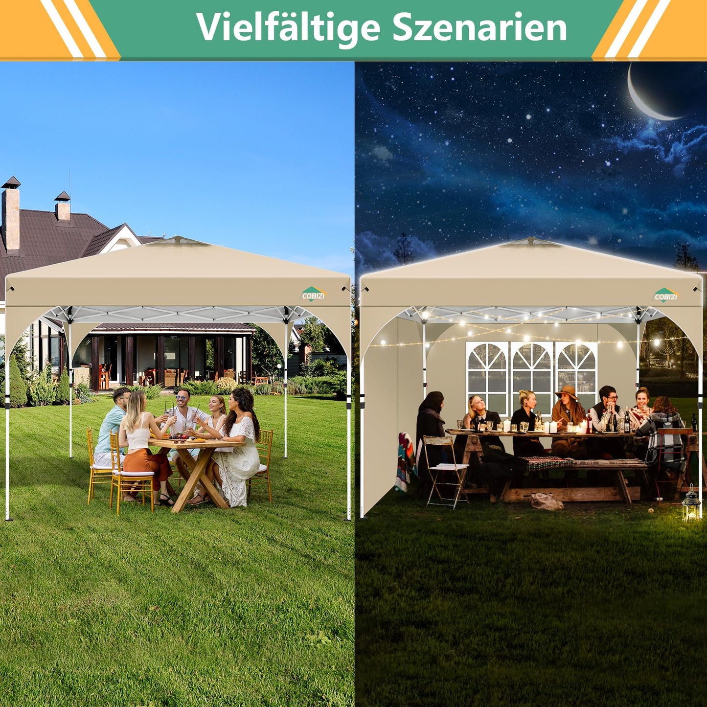 COBIZI Faltpavillon 3x6 Pavillon wasserdicht Winterfest, Ein-Tasten-Zentralverriegelung Partyzelt Faltbar Anti-UV mit 6 Seitenwänden, Gartenpavillon mit Leuchtstreifen für Hochzeiten, Freien, Garten