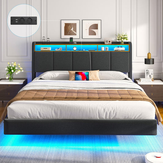 Upholstered Bed 180 x 200 cm Floating Bed with LED Lighting, Headboard and Charging Station (2 AC Sockets, 2 USB Ports), Bed 180 x 200 cm with Storage Space, Modern Double Bed with Slatted
