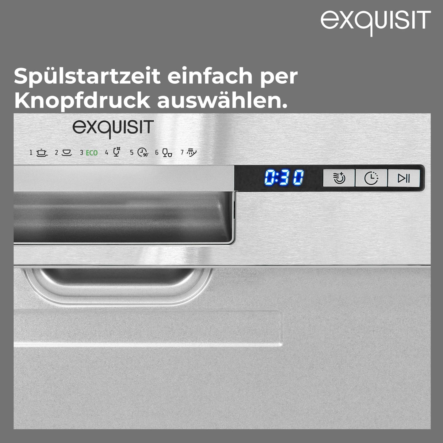 Exquisit PLUS EGSP2113-EB-030E Built-in Dishwasher, Partially Integrated, 60 cm, 13 Place Settings, Start Time Delay, LED Display, inox