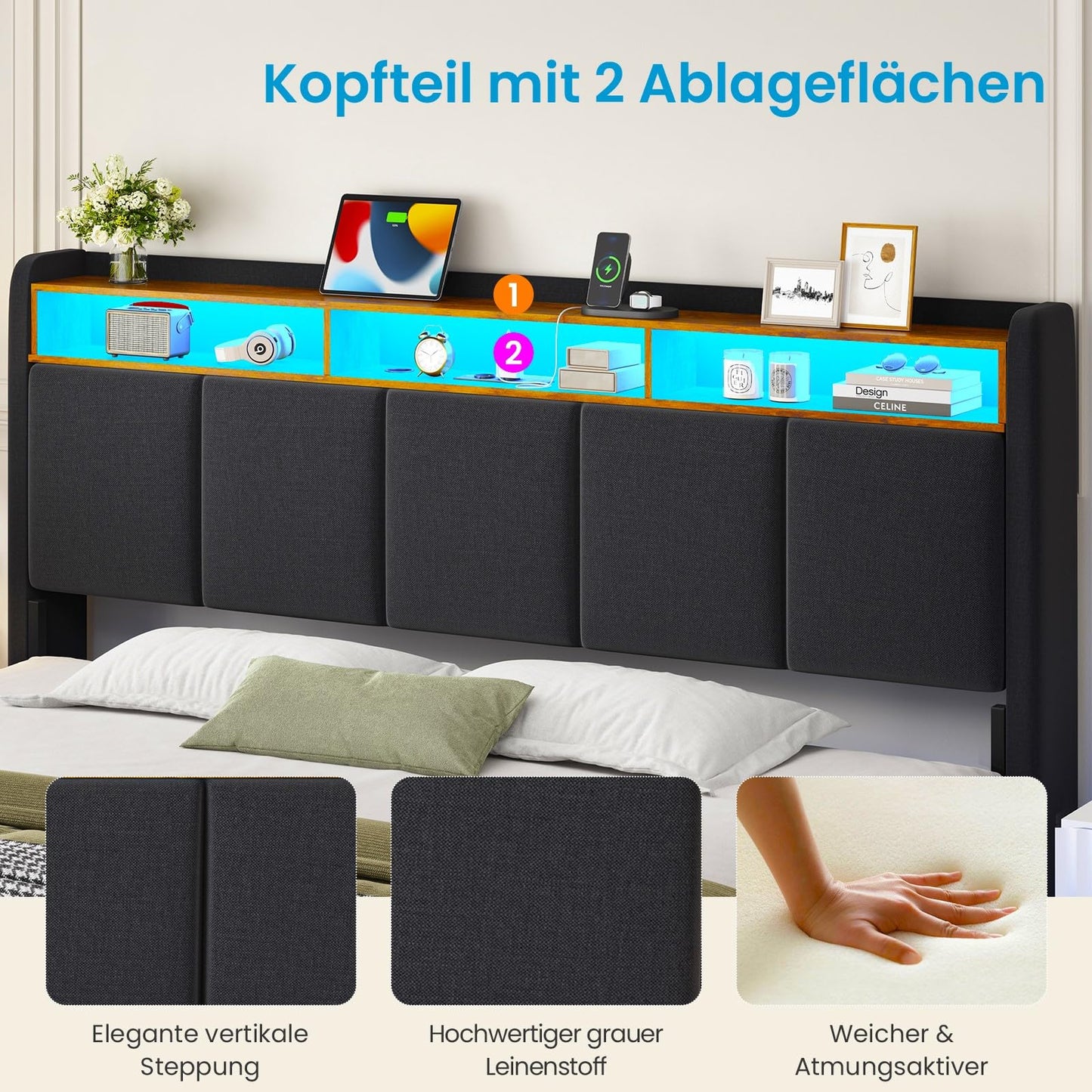 Upholstered Bed 180 x 200 cm Floating Bed with LED Lighting, Headboard and Charging Station (2 AC Sockets, 2 USB Ports), Bed 180 x 200 cm with Storage Space, Modern Double Bed with Slatted