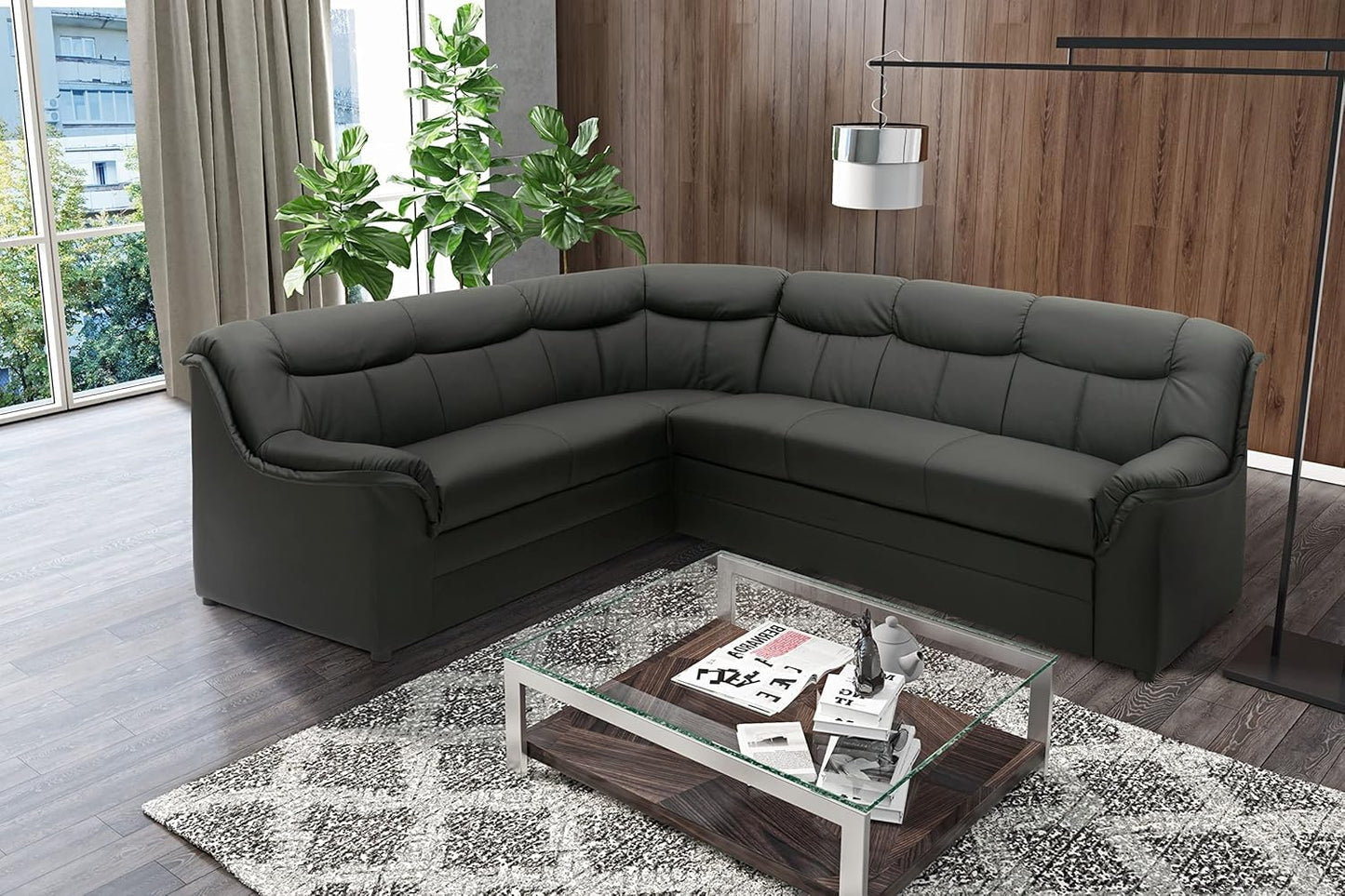 DOMO. collection Berlin Corner Sofa, Timeless Leather Corner Sofa with High-Quality Spring Core Padding, L-shaped Faux Leather, Couch 205 x 250 x 89 cm, Black