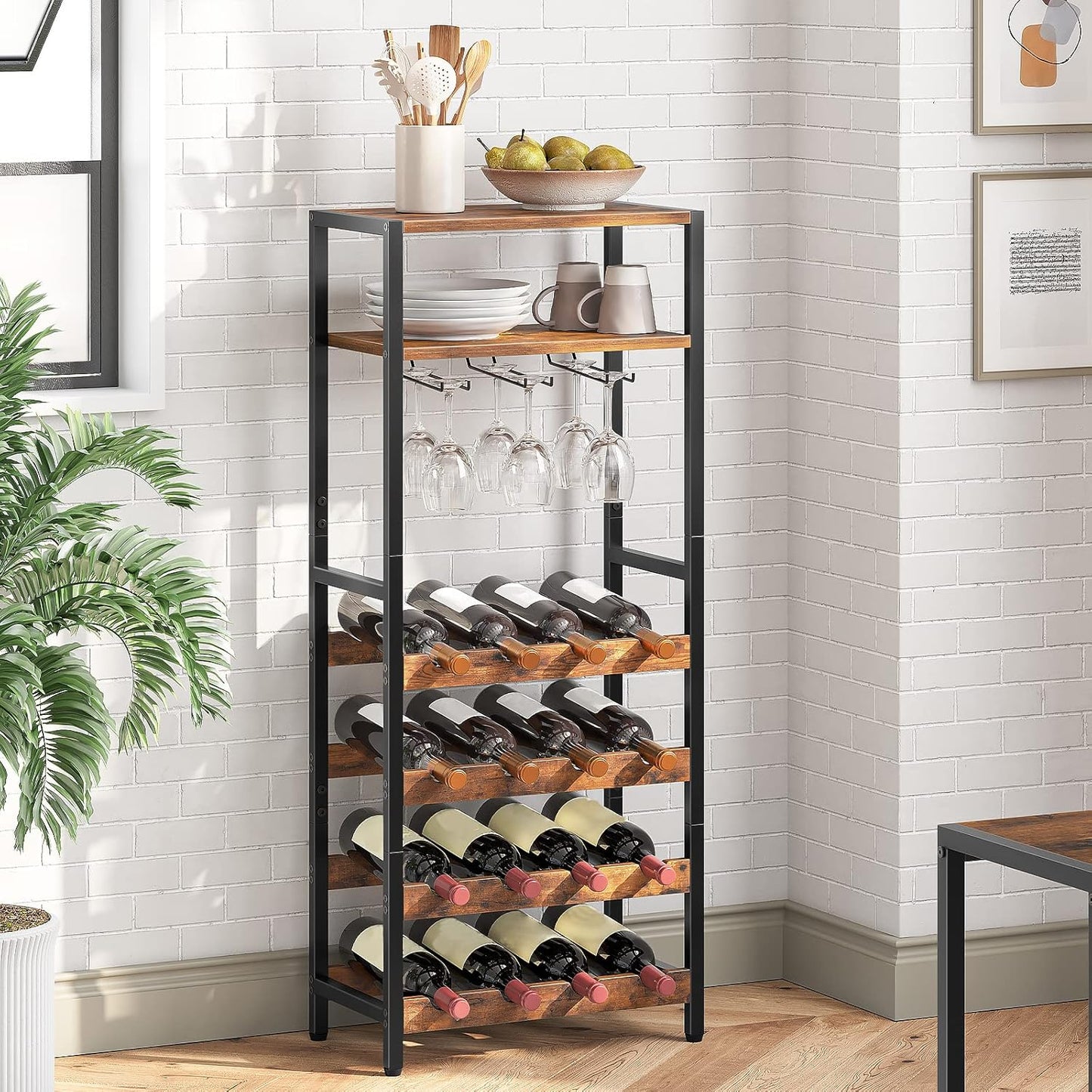 HOOBRO Wine Rack, Bottle Rack for 16 Bottles, Freestanding Wine Stand with Table Top and Wine Glass Holder, Wine Bottle Holder for Kitchen, Bar, Restaurant etc., Bottle Organiser EBF04JJ01