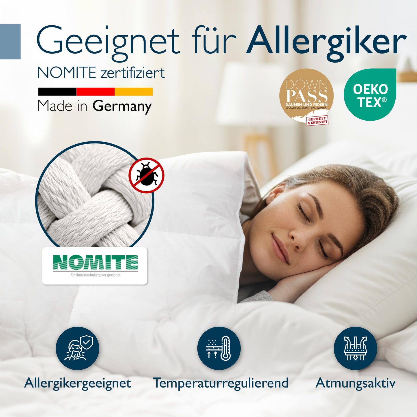 Beautissu All-Year Duvet Feather Duvet 135 x 200 cm with 100% Down and Feathers - Made in Germany - Oeko-Tex, Downpass & Nomite Certified - 100% Cotton Cover Down Duvet 135 x 200 cm Washable - GF