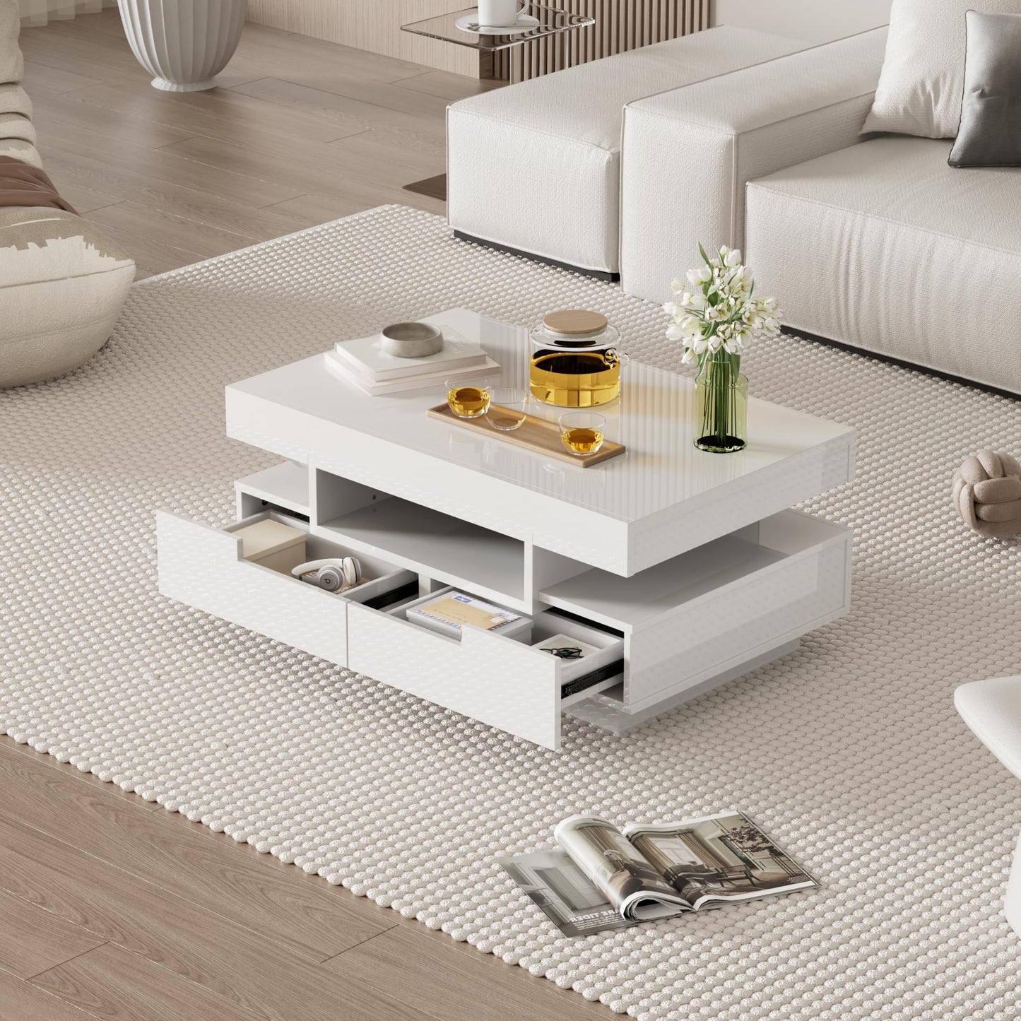 Merax Living Room Table, LED Coffee Table with Storage Space, High Gloss Coffee Table Living Room with Four Drawers, Modern Coffee Table, 80 x 50 x 36 cm, Black