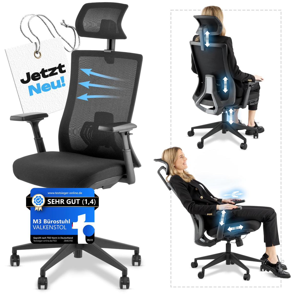 M2 Ergonomic Office Chair, Test Winner with Adjustable Armrest without Headrest for Maximum Freedom of Movement, Back-Friendly, Comfortable Desk Chair for Office and Home Office Chair