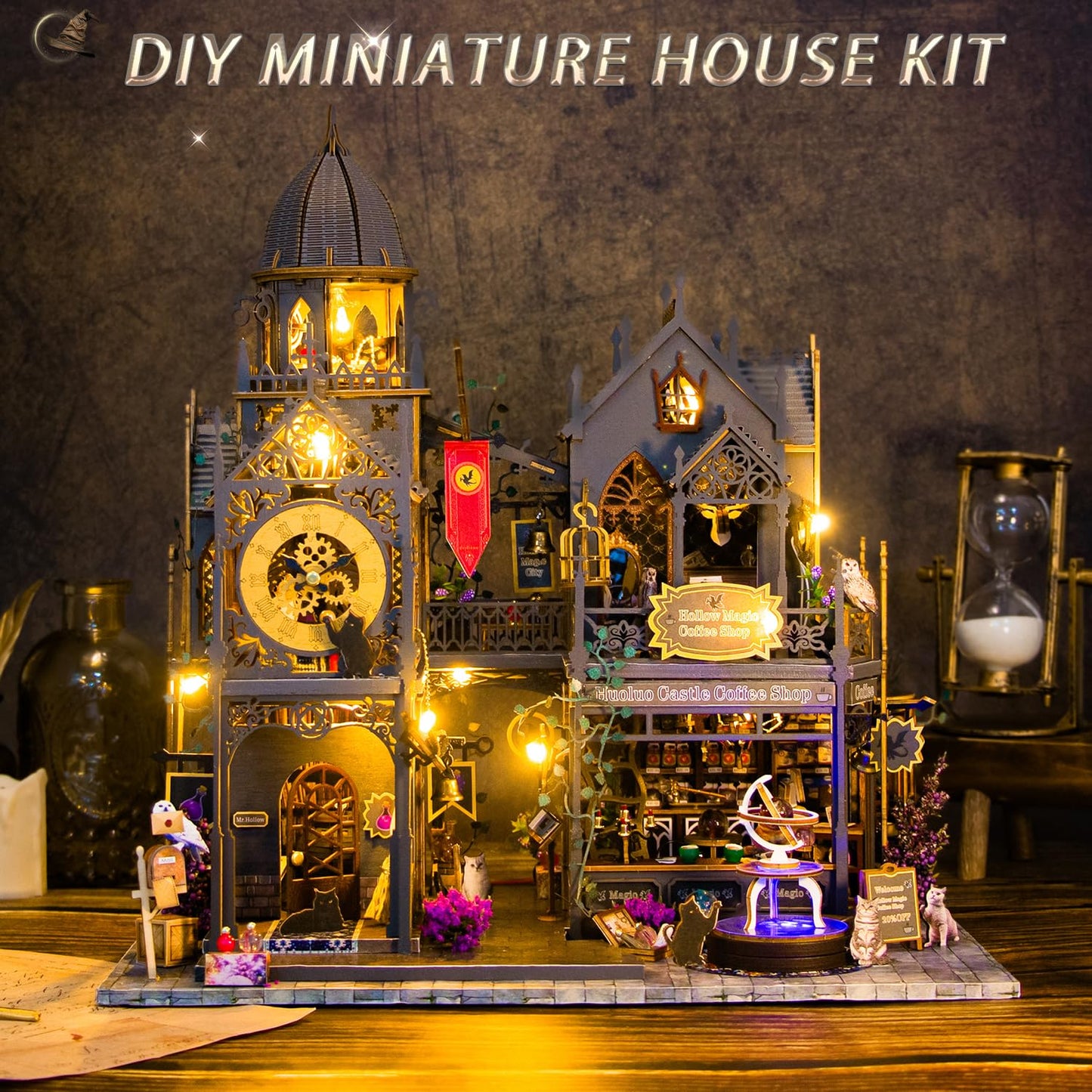 Mostop DIY Miniature Dollhouse Kit,Wooden Dollhouse Construction Kit,Miniature House Kit with LED Light und Bewegungen,Creative Room Idea for Children/Adults,Magic House,DIY Kits (Twilight Book City)