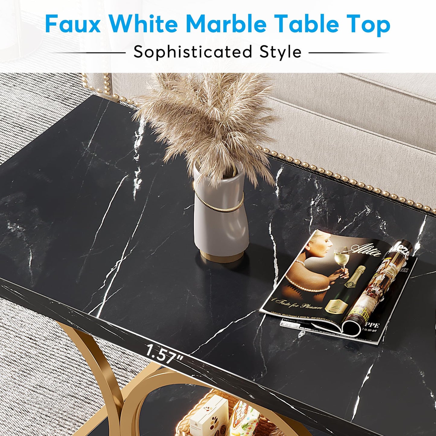Tribesigns Rectangular Coffee Table, 120 cm Modern Living Room Table, 2-Tier Faux Marble Coffee Table with Geometric Legs, Furniture with Storage Compartment (Black and Gold)