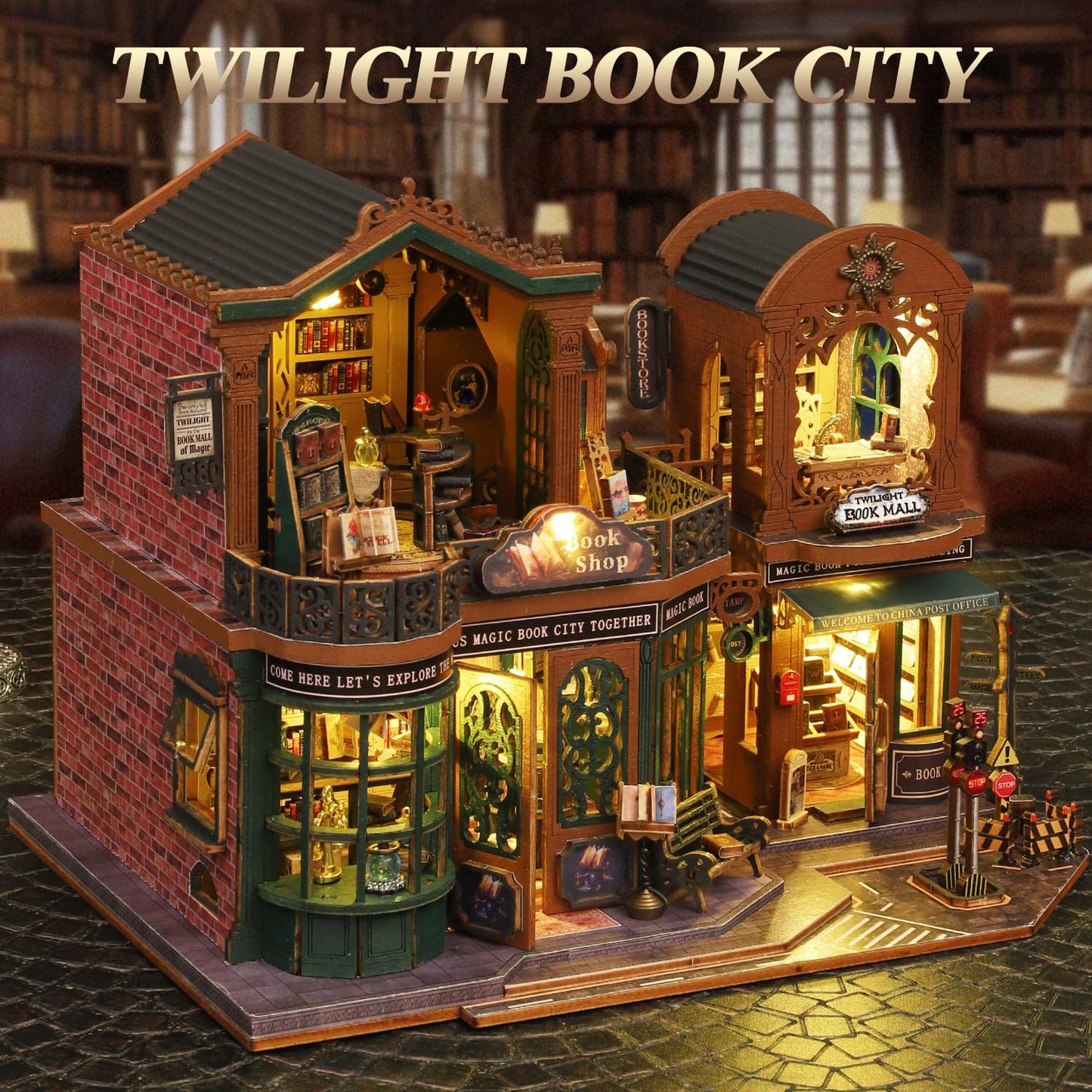 Mostop DIY Miniature Dollhouse Kit,Wooden Dollhouse Construction Kit,Miniature House Kit with LED Light und Bewegungen,Creative Room Idea for Children/Adults,Magic House,DIY Kits (Twilight Book City)
