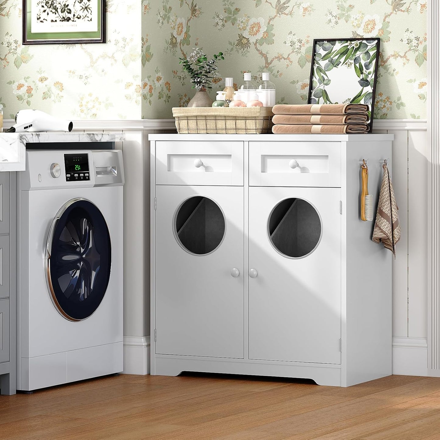 HOOBRO Bathroom Cabinet with Laundry Basket, Bathroom Cabinet with 2 x 37L Laundry Baskets, Freestanding Laundry Cabinet with 2 Drawers and 4 Hooks, for Bathroom, Laundry Room, White EWT36XY01