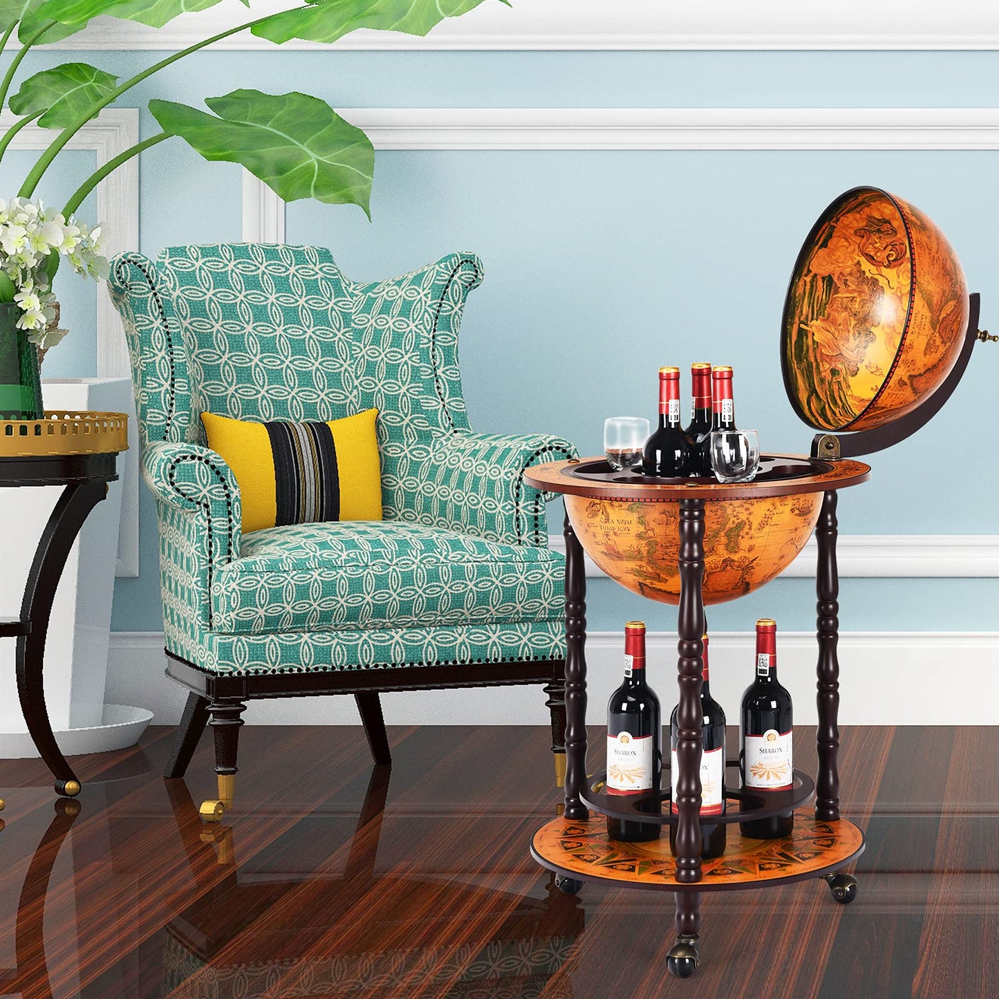 RELAX4LIFE Globe Bar on Wheels, Bar Trolley with World Globe, Bar Table Solid Wood, Serving Trolley with Wine Bottle Holder, Mobile Cocktail Bar, Antique Look, Decorative Mini Bar Serving Table