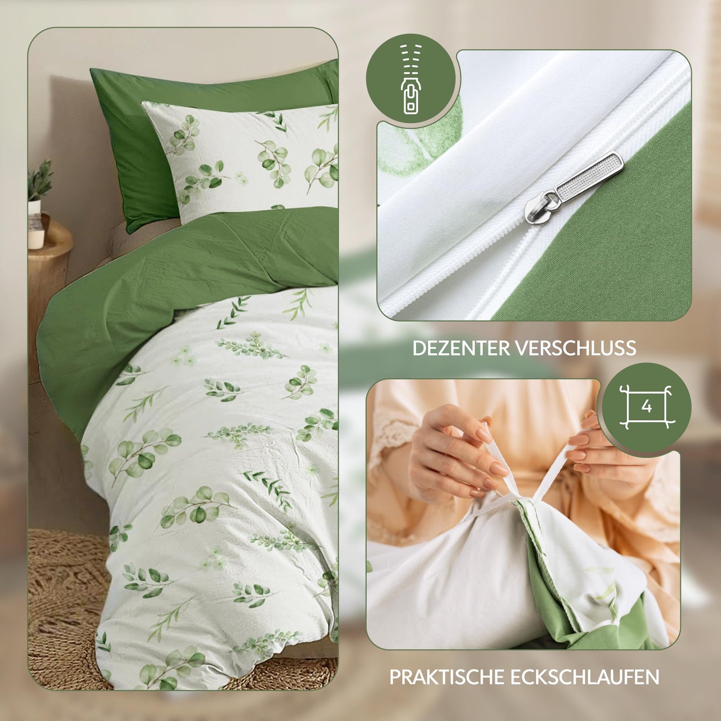 Dreamzie Bed Linen Set 155 x 220 cm with 2 Pillowcases 80 x 80 cm, Botanic Motif Sage Green, Adult Bed Linen, 155 x 220 cm, Made of 100% Microfibre, Certified, No Chemicals (OEKO TEX)